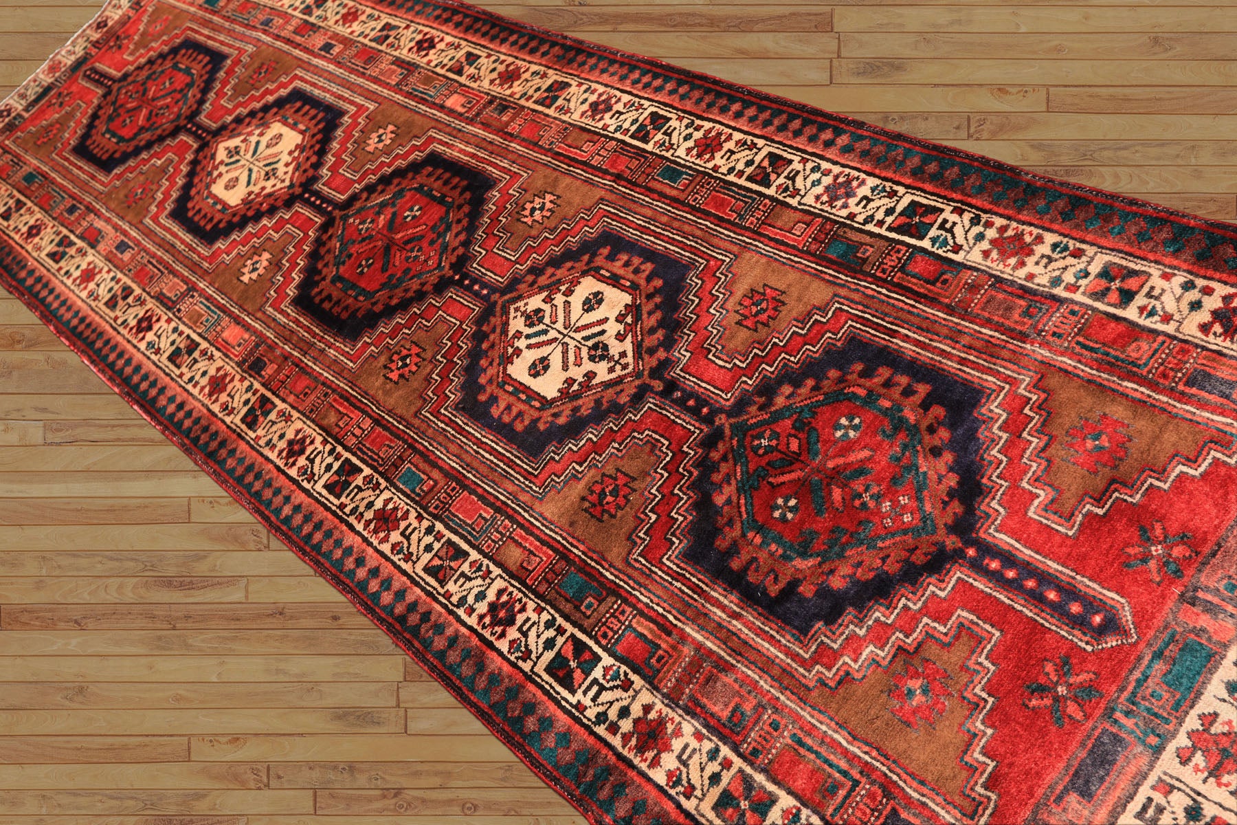 Runner Navy, Brown, Ivory Color Hand Knotted Hamadan Wool Traditional Oriental Rug