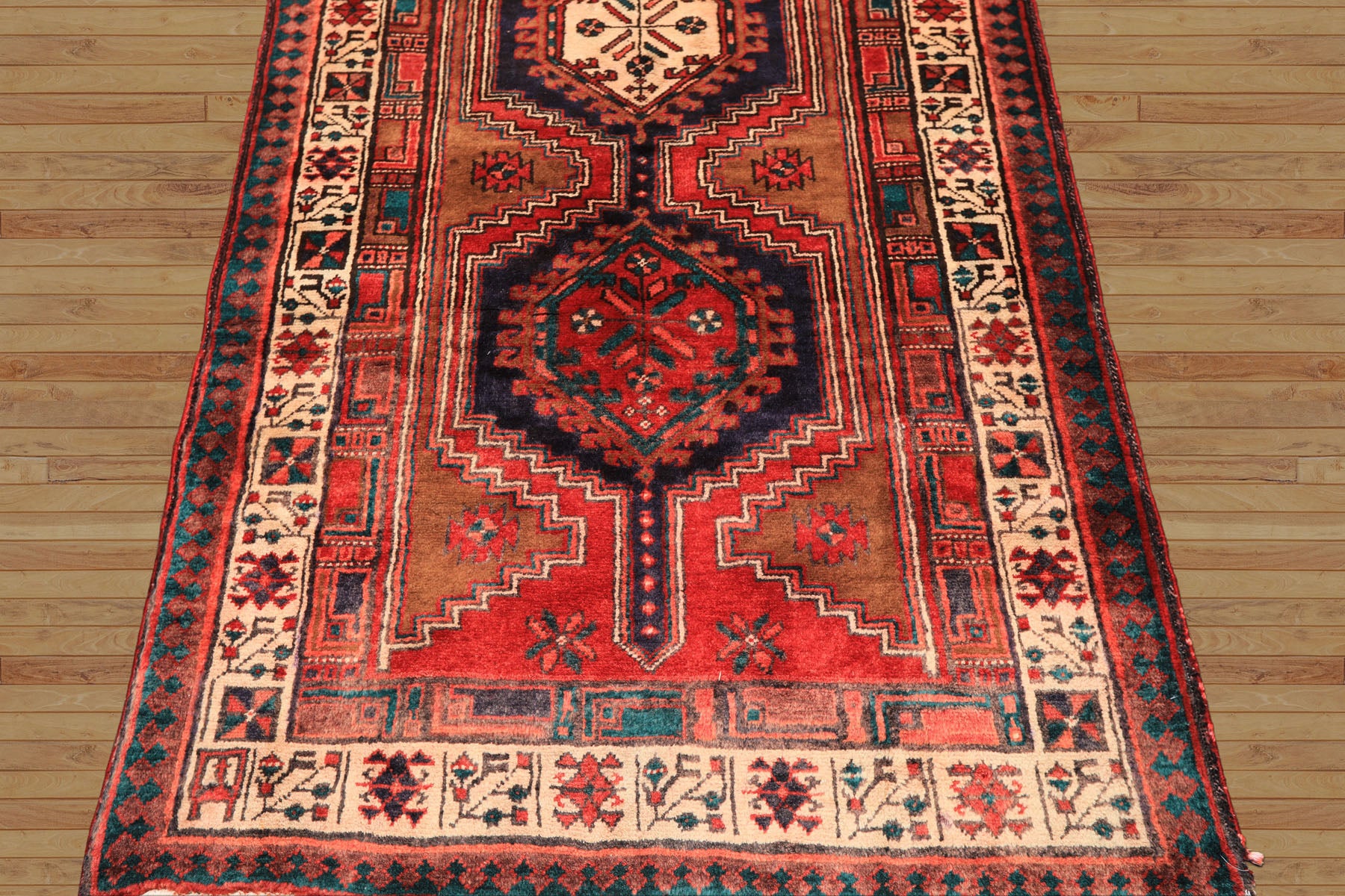 Runner Navy, Brown, Ivory Color Hand Knotted Hamadan Wool Traditional Oriental Rug