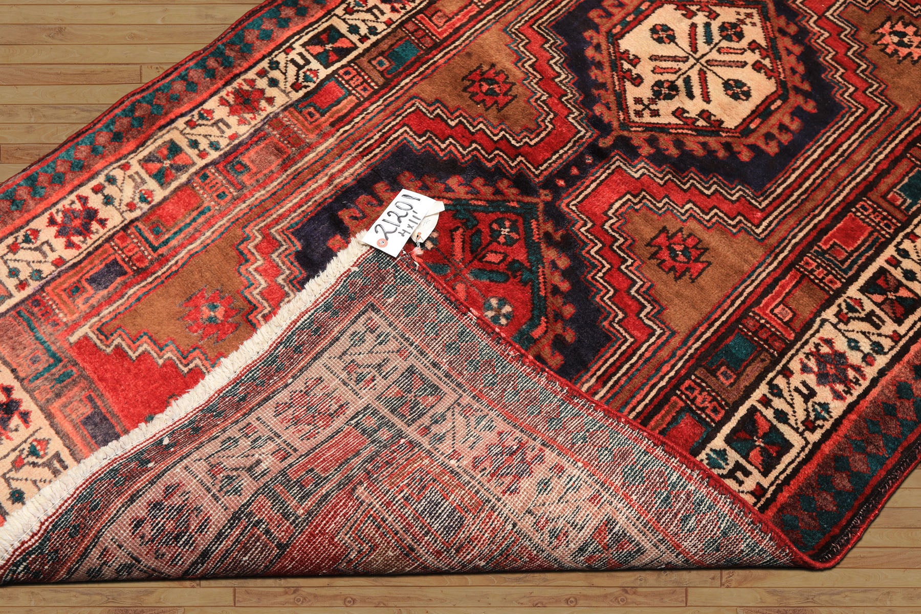 Runner Navy, Brown, Ivory Color Hand Knotted Hamadan Wool Traditional Oriental Rug