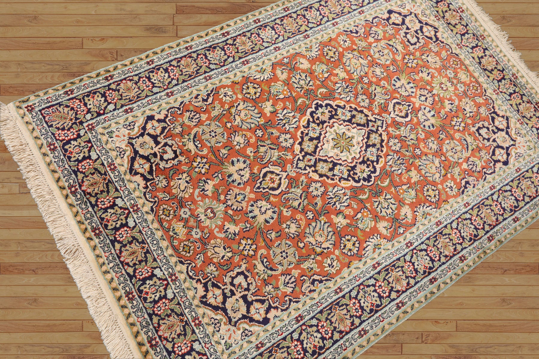 3x5 Hand-Knotted Silk Rug – Traditional 350 KPSI Oriental Area Rug in Burnt Orange and Navy