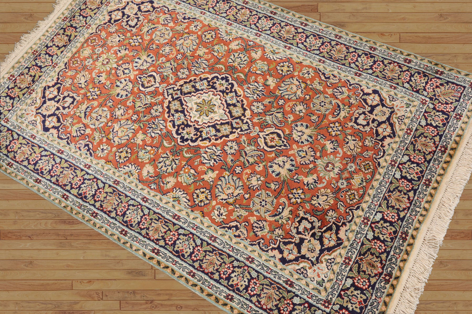 3x5 Hand-Knotted Silk Rug – Traditional 350 KPSI Oriental Area Rug in Burnt Orange and Navy