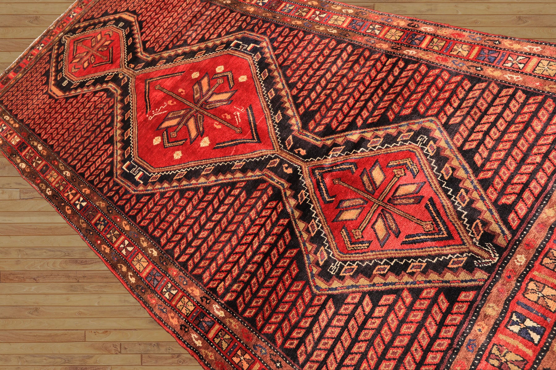 Runner Red, Charcoal, Brown Color Hand Knotted Hamadan Wool Traditional Oriental Rug