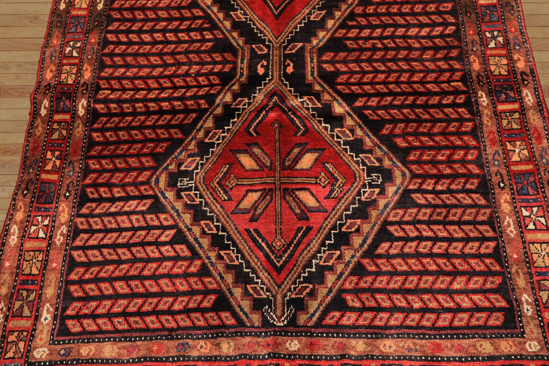Runner Red, Charcoal, Brown Color Hand Knotted Hamadan Wool Traditional Oriental Rug