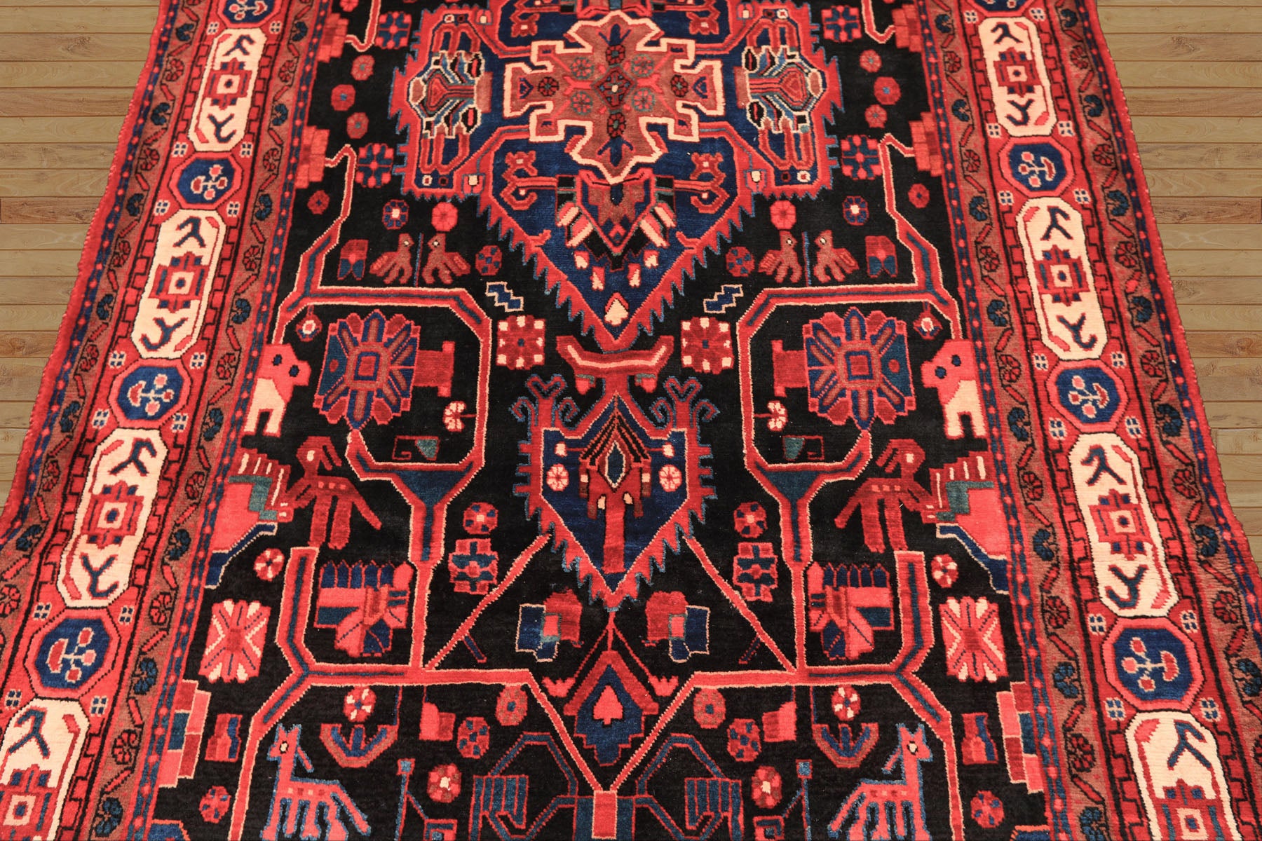 Runner Black, Red, Ivory Color Hand Knotted Heriz Wool Traditional Oriental Rug