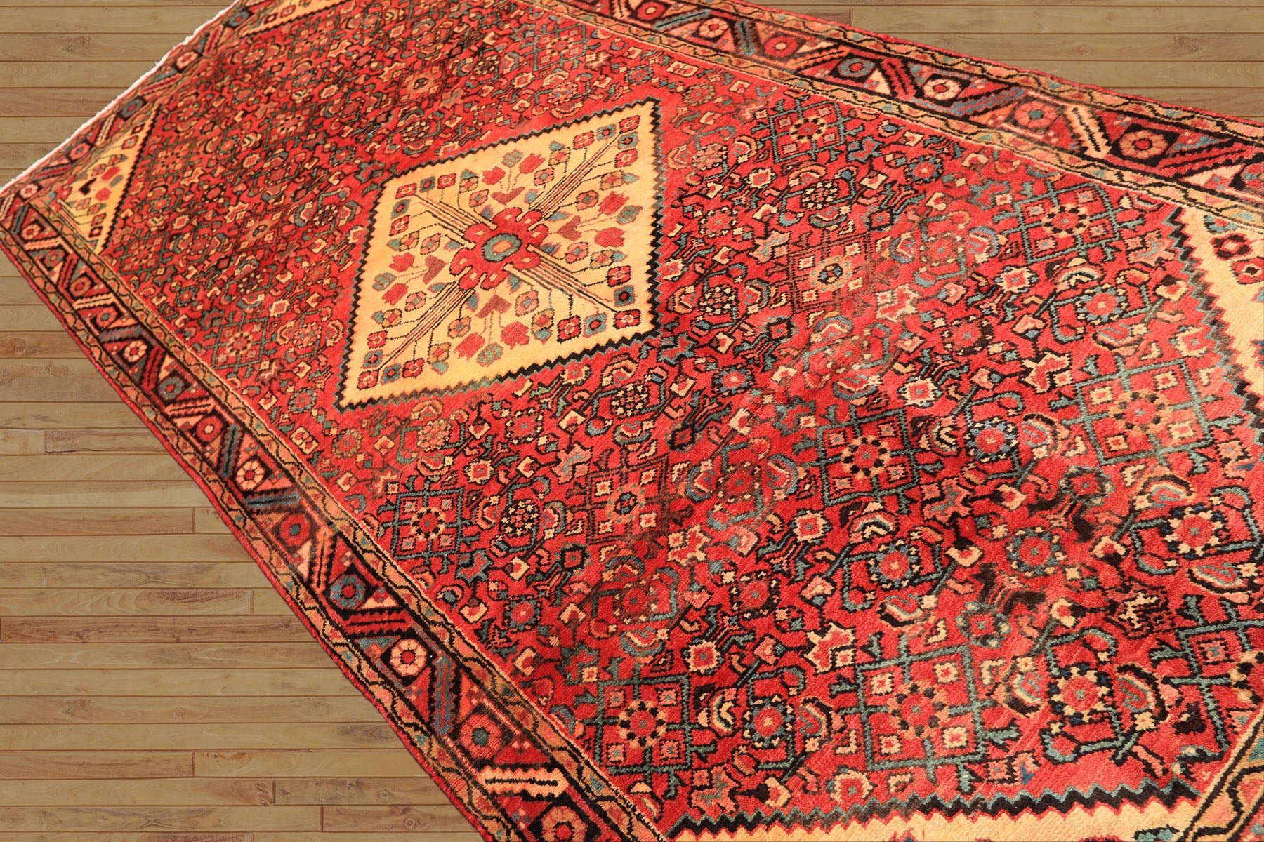 Runner Rust, Coral, Ivory Color Hand Knotted Hamadan Wool Traditional Oriental Rug