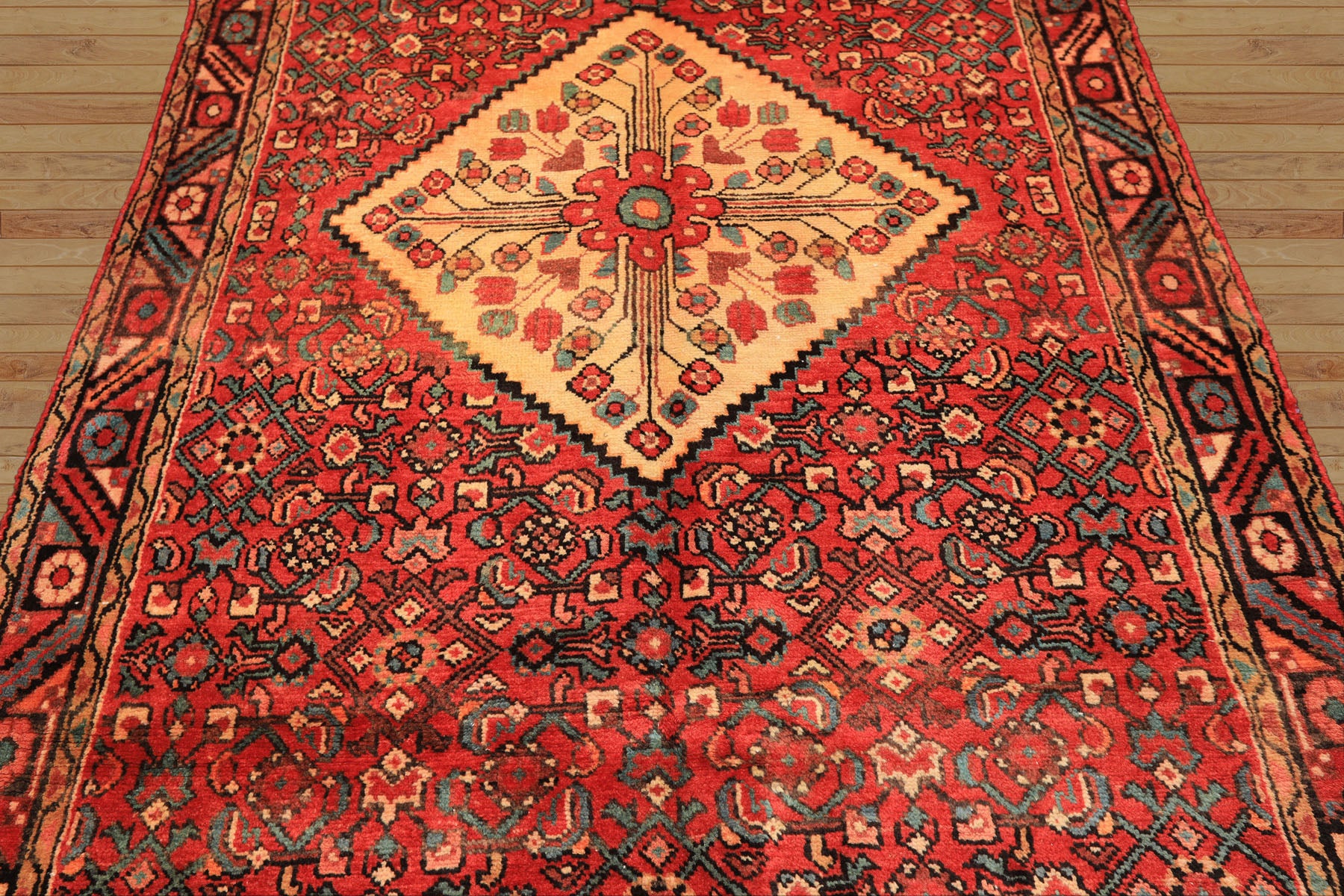 Runner Rust, Coral, Ivory Color Hand Knotted Hamadan Wool Traditional Oriental Rug