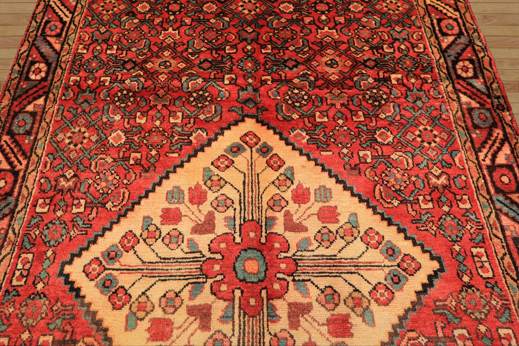 Runner Rust, Coral, Ivory Color Hand Knotted Hamadan Wool Traditional Oriental Rug