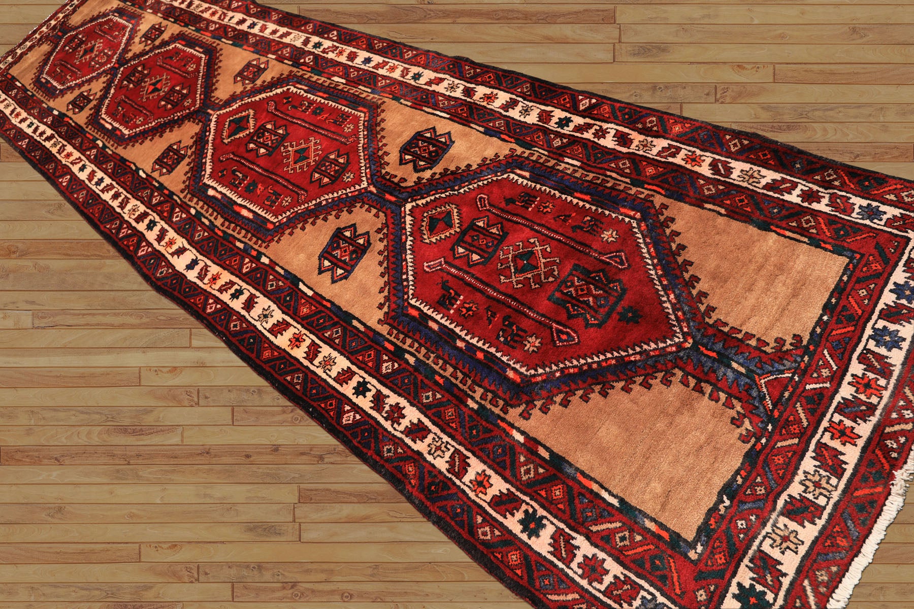 Runner Burgundy, Camel, Ivory Color Hand Knotted Kurdish Bidjar Wool Traditional Oriental Rug
