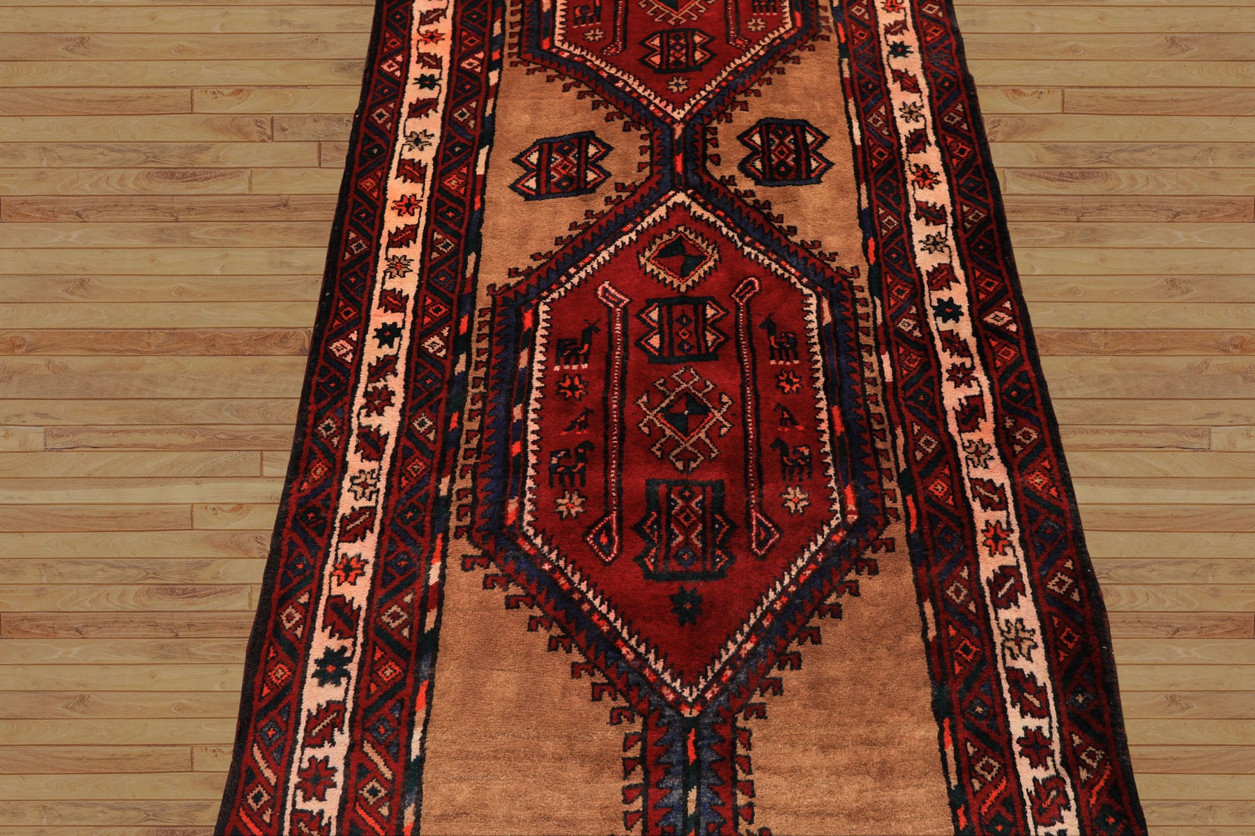 Runner Burgundy, Camel, Ivory Color Hand Knotted Kurdish Bidjar Wool Traditional Oriental Rug