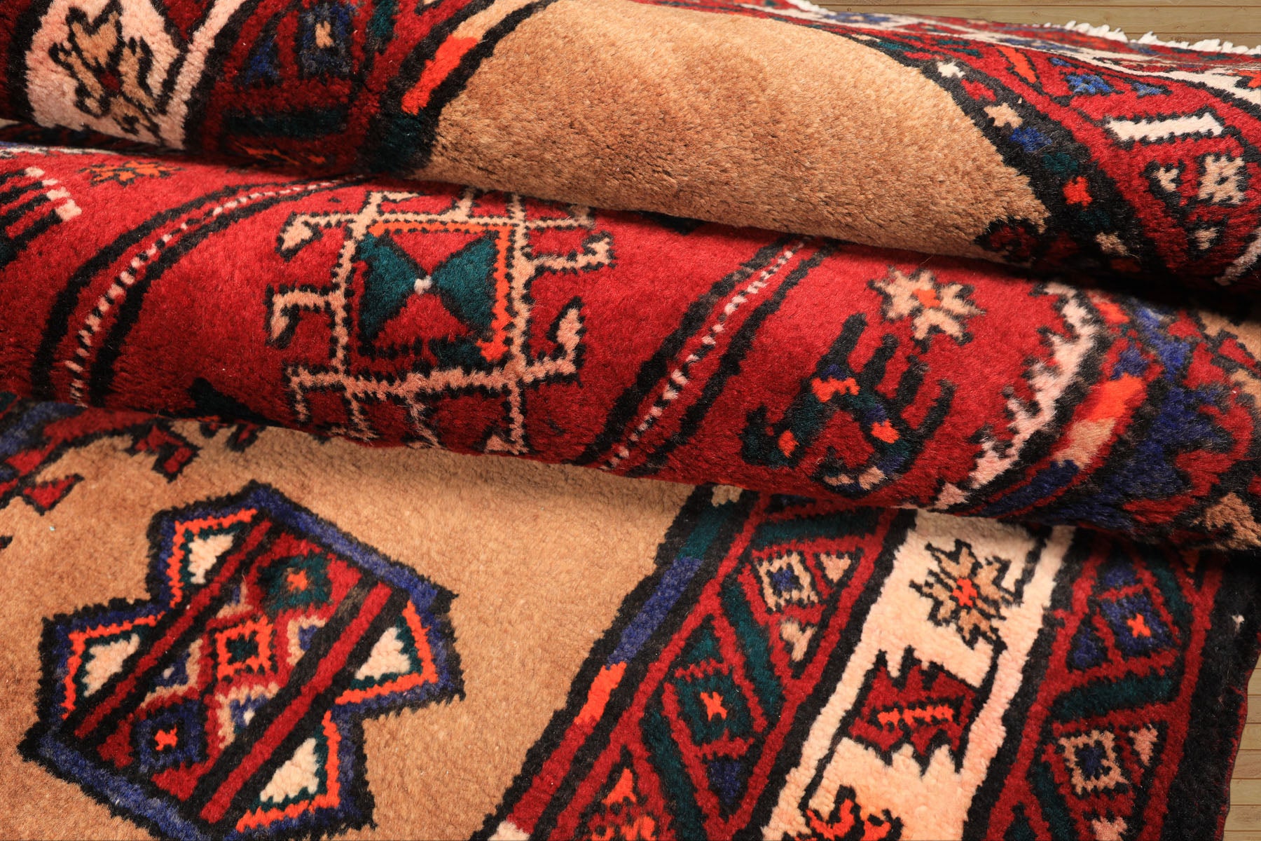 Runner Burgundy, Camel, Ivory Color Hand Knotted Kurdish Bidjar Wool Traditional Oriental Rug