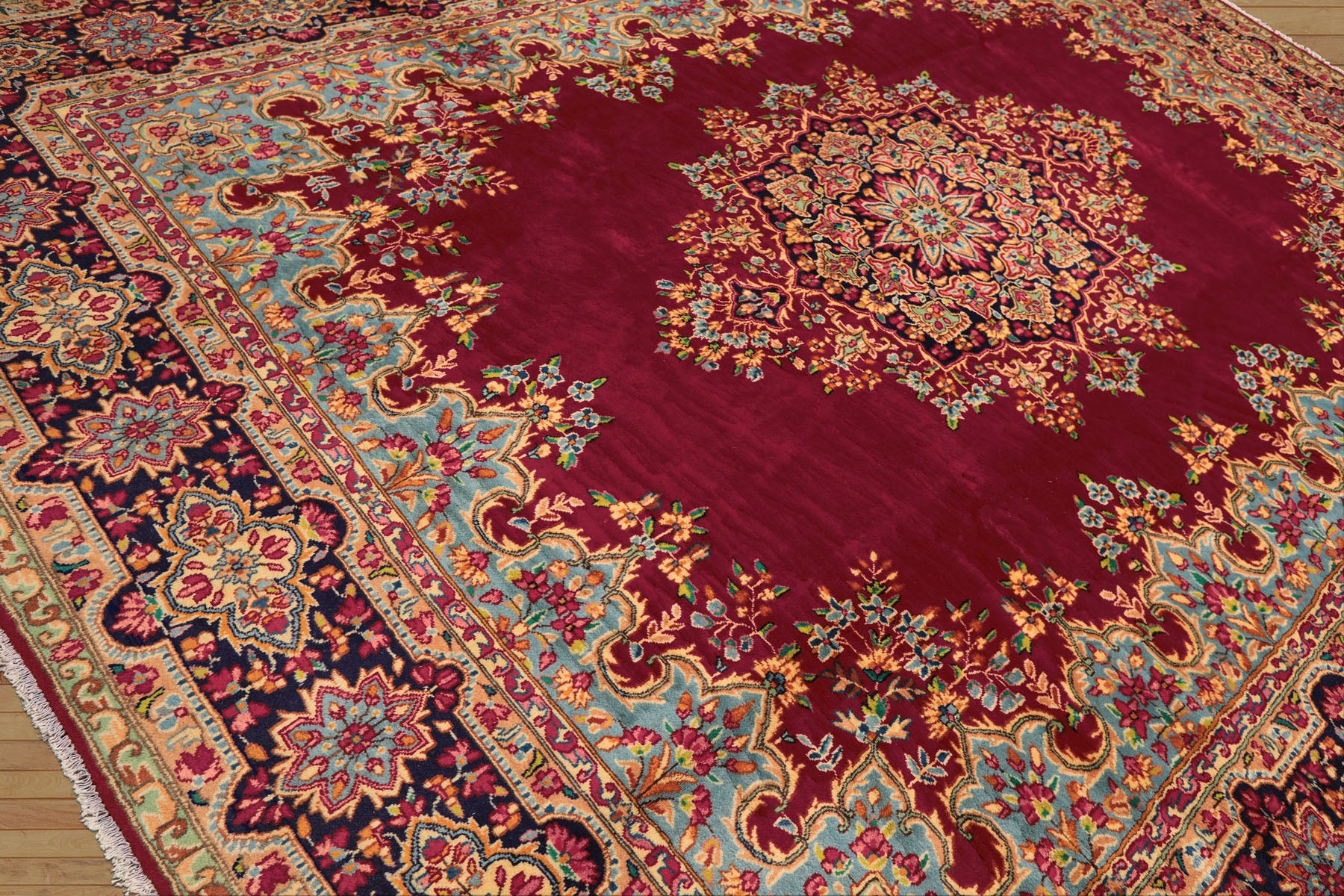 9x12 Fuschia, Aqua, Navy Color Hand Knotted Kerman Wool Traditional Oriental Rug