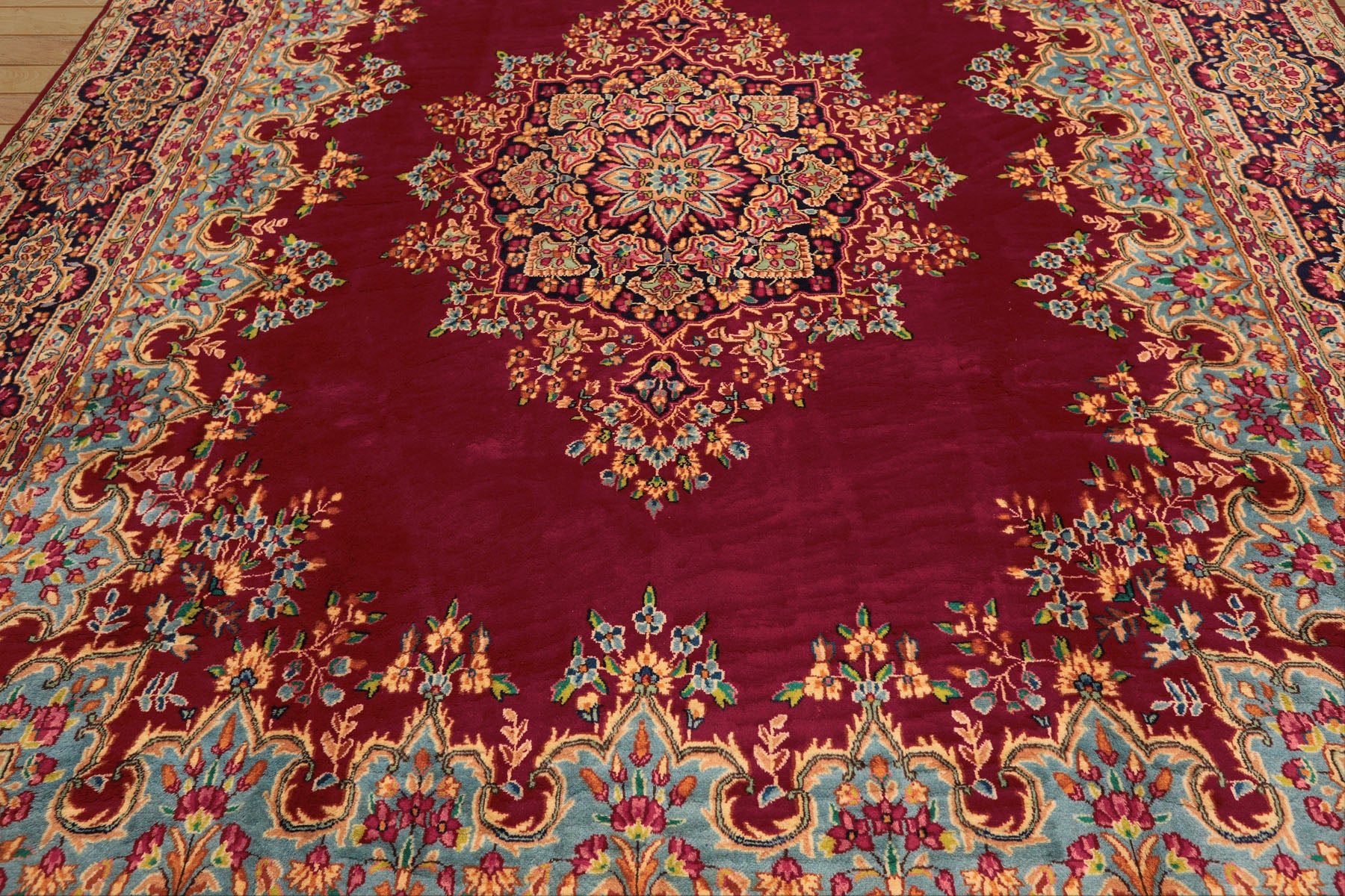 9x12 Fuschia, Aqua, Navy Color Hand Knotted Kerman Wool Traditional Oriental Rug