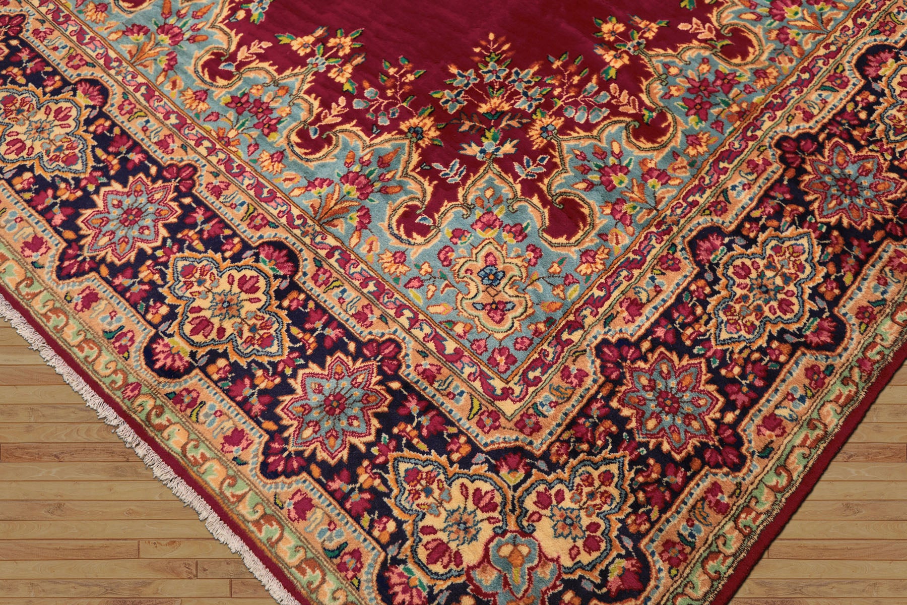 9x12 Fuschia, Aqua, Navy Color Hand Knotted Kerman Wool Traditional Oriental Rug