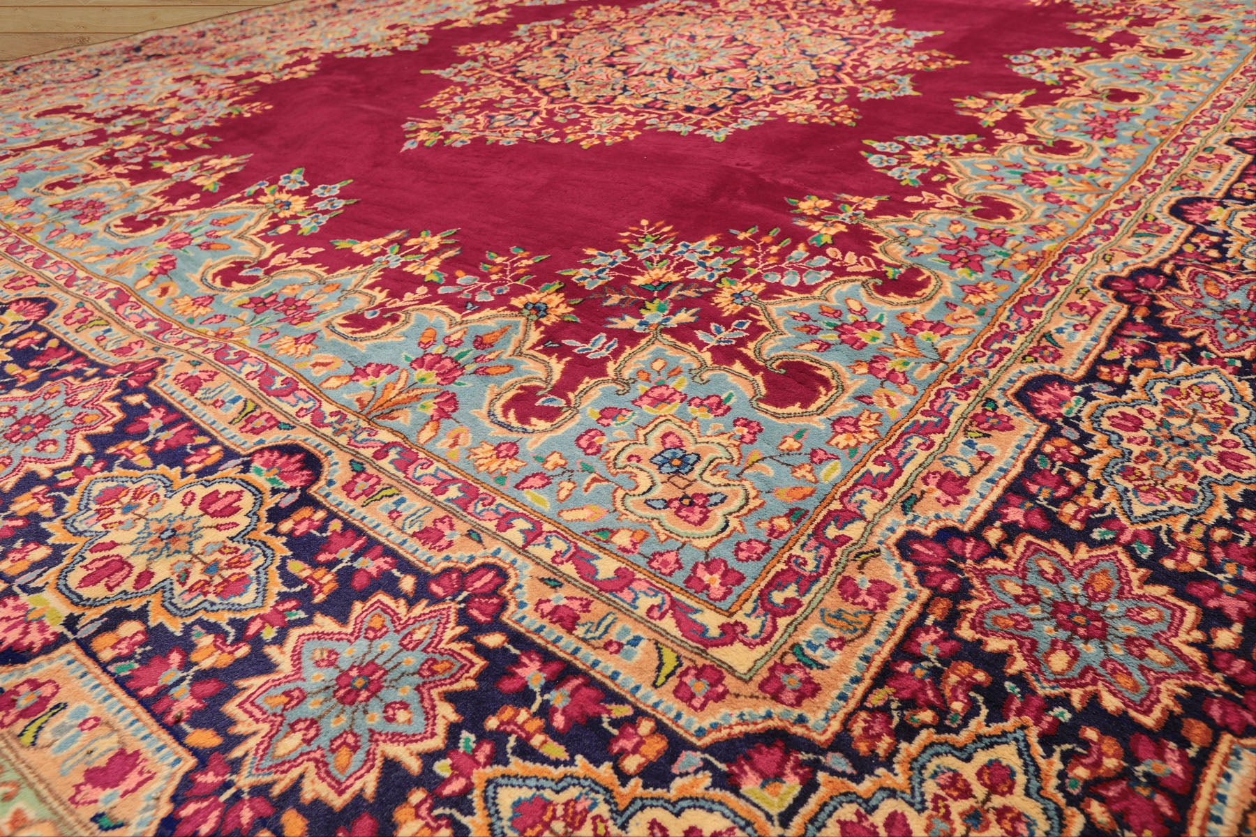 9x12 Fuschia, Aqua, Navy Color Hand Knotted Kerman Wool Traditional Oriental Rug