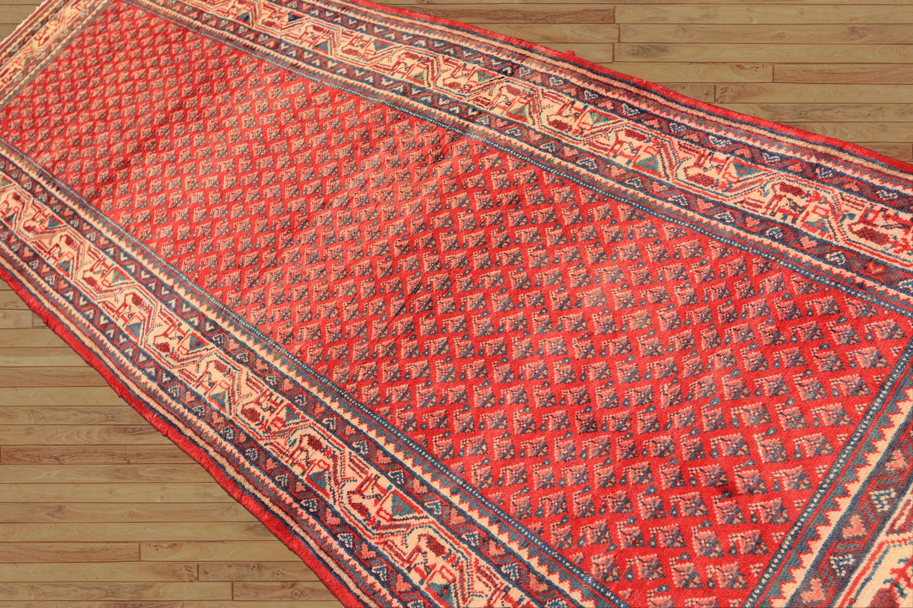 Runner Coral, Ivory, Aqua Color Hand Knotted Kurdish Bidjar Herati Wool Traditional Oriental Rug