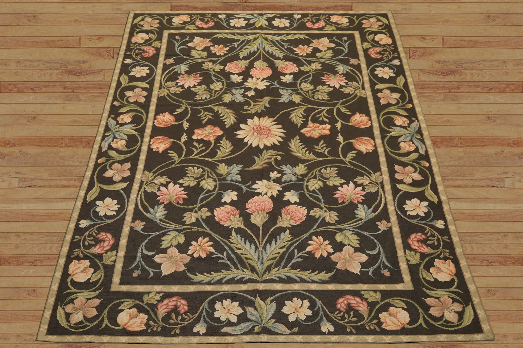 6x9 Brown, Green, Blush Color Hand Woven Needlepoint Wool Traditional Oriental Rug