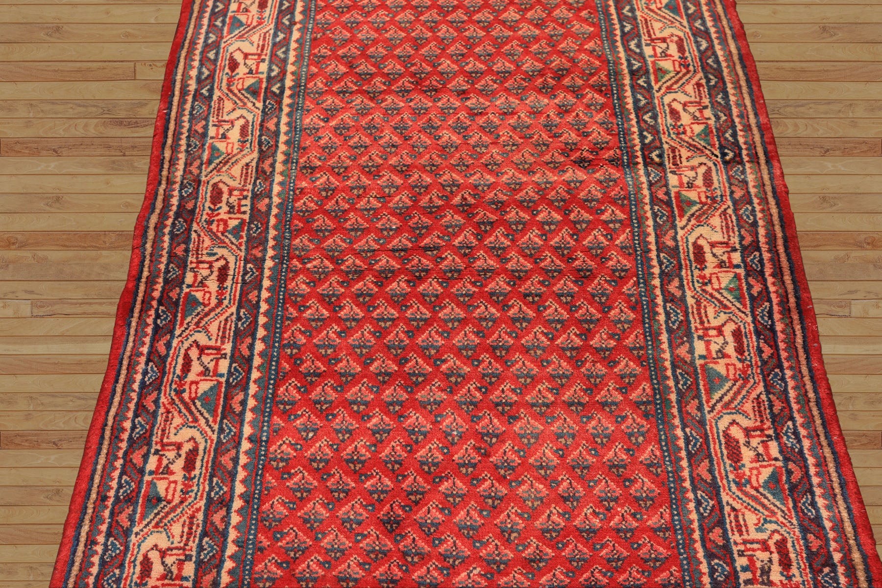 Runner Coral, Ivory, Aqua Color Hand Knotted Kurdish Bidjar Herati Wool Traditional Oriental Rug