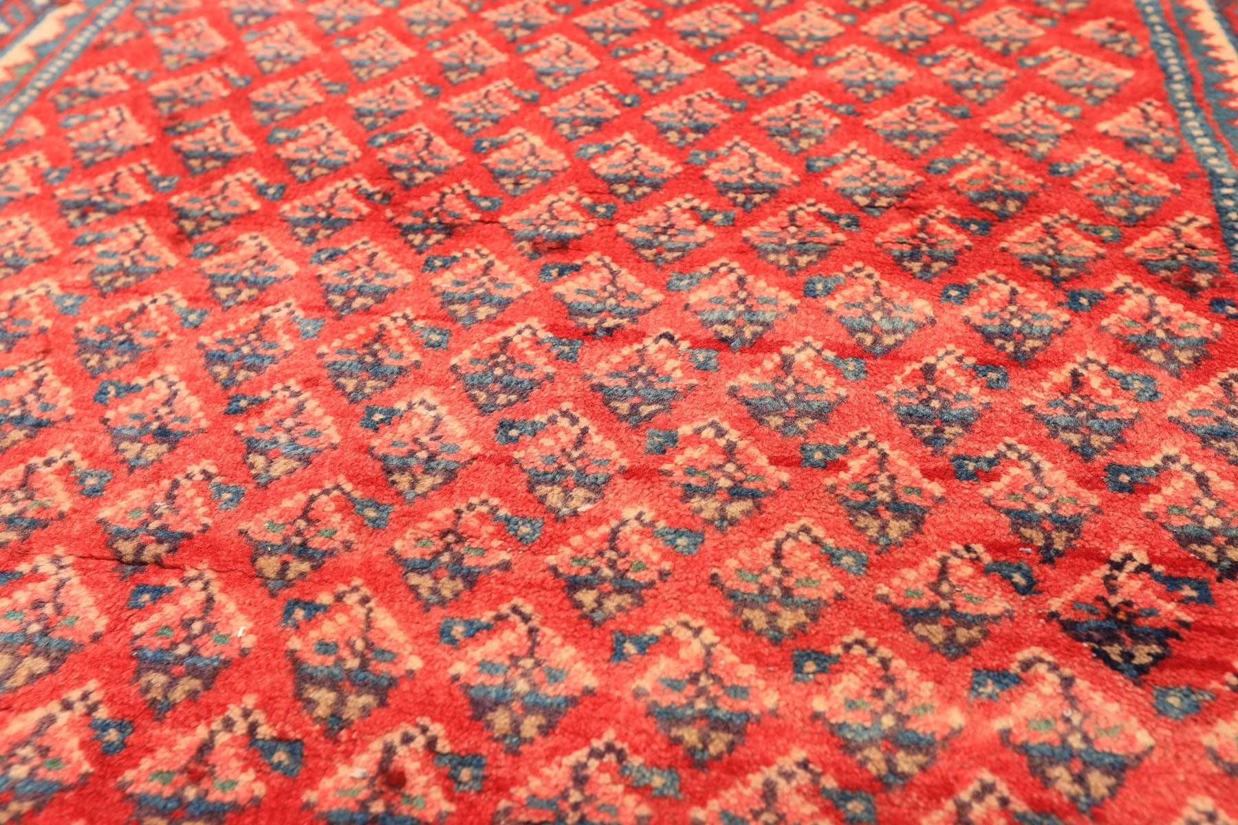 Runner Coral, Ivory, Aqua Color Hand Knotted Kurdish Bidjar Herati Wool Traditional Oriental Rug