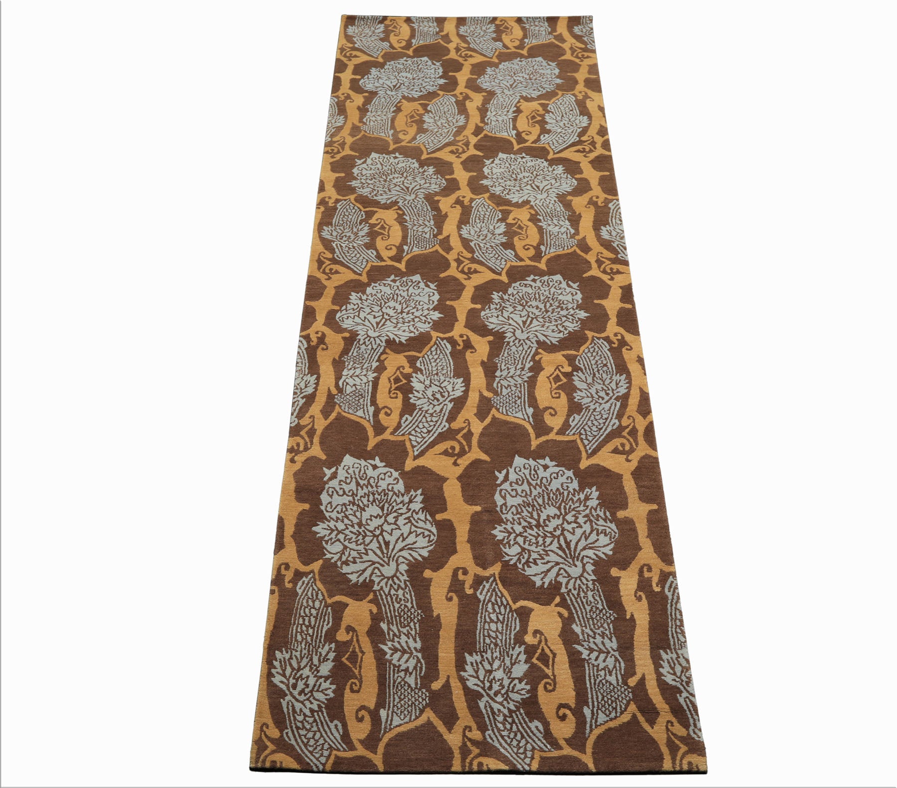 Runner Brown, Gold, Aqua Color Hand Knotted Tibetan Wool Arts & Crafts Oriental Rug