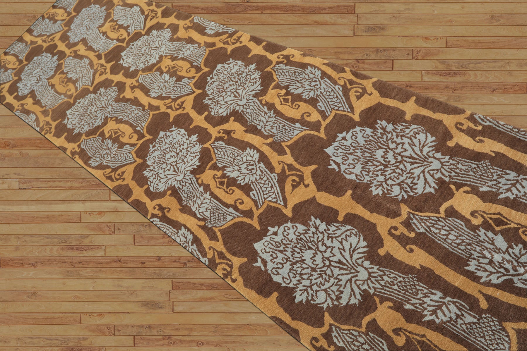 Runner Brown, Gold, Aqua Color Hand Knotted Tibetan Wool Arts & Crafts Oriental Rug