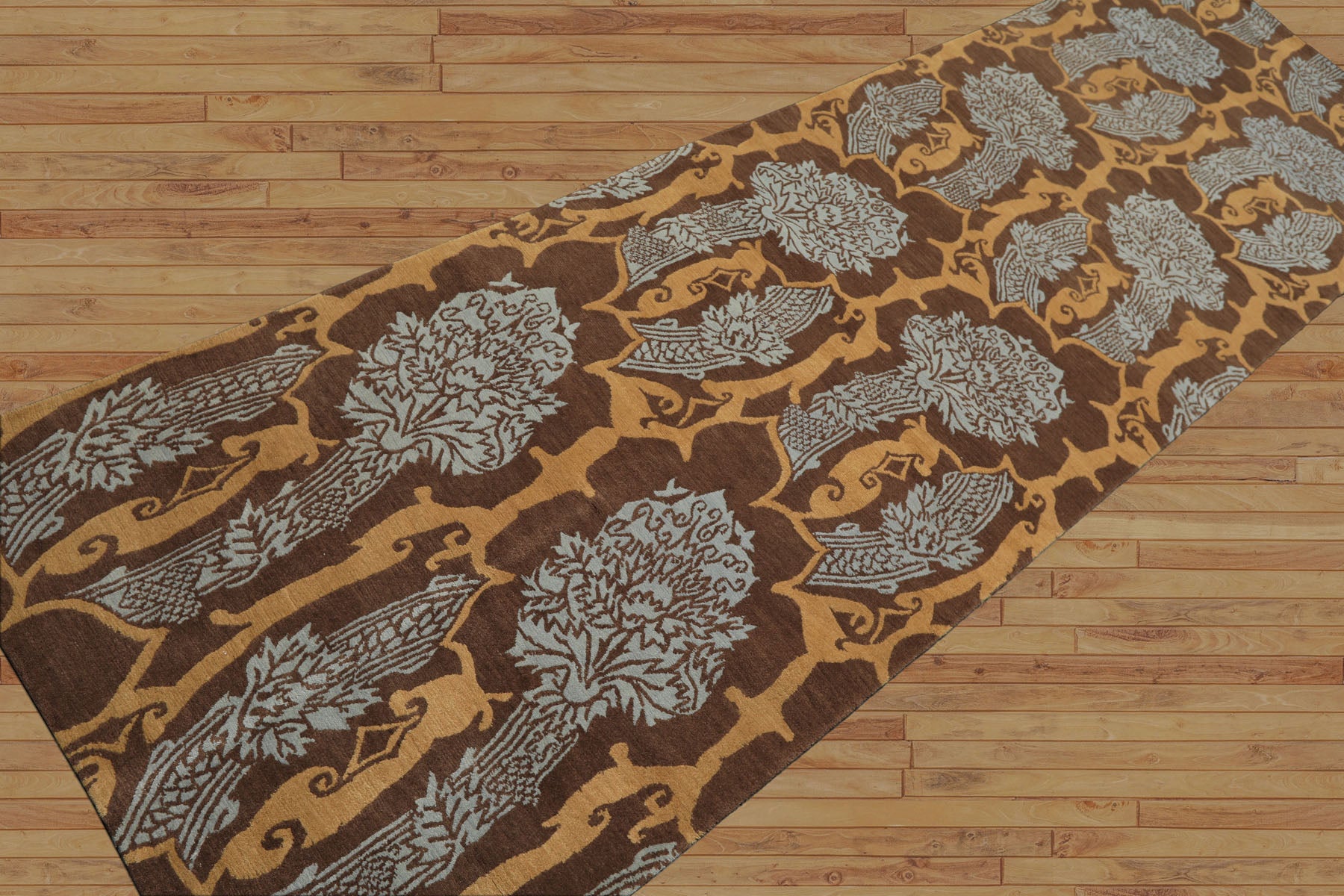 Runner Brown, Gold, Aqua Color Hand Knotted Tibetan Wool Arts & Crafts Oriental Rug