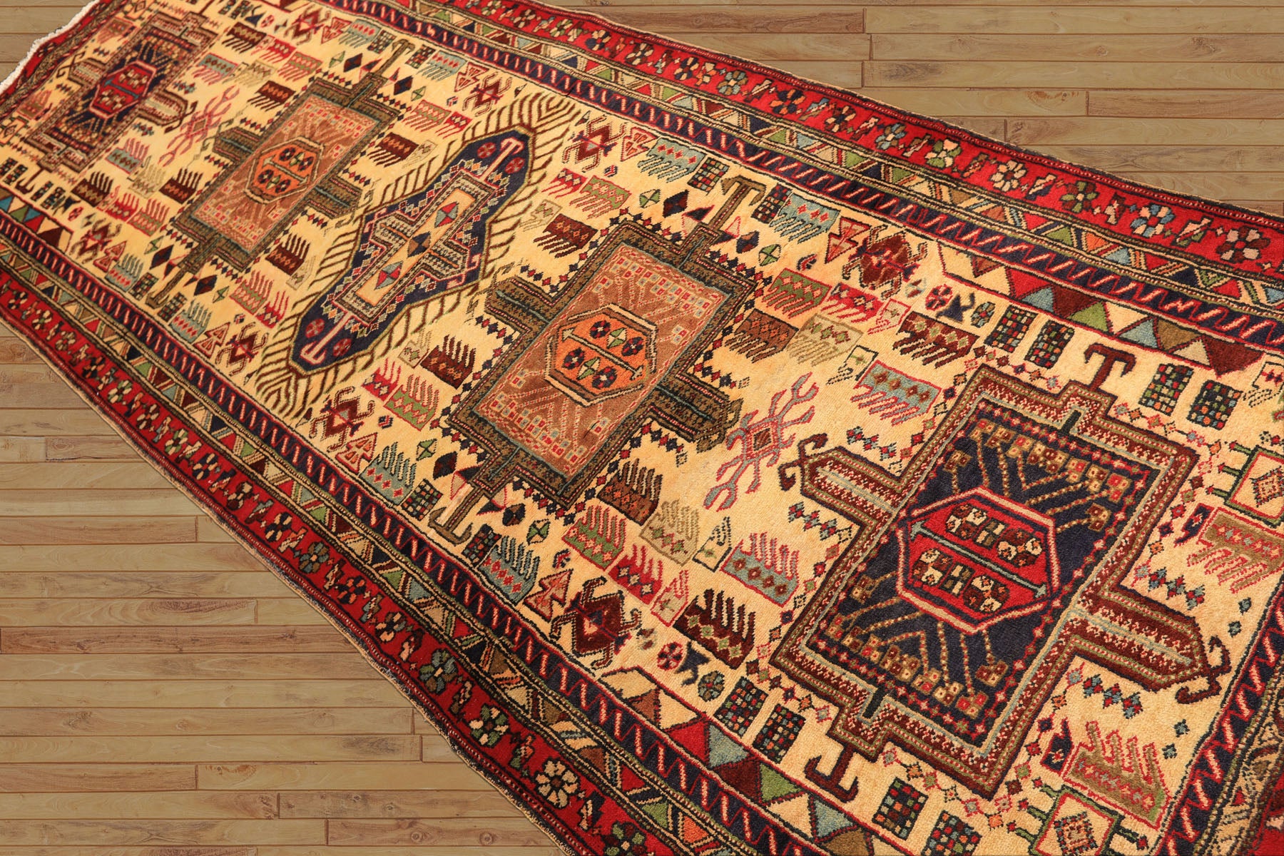 Runner Light Gold, Coral, Navy Color Hand Knotted Kurdish Hamadan Wool Traditional Oriental Rug
