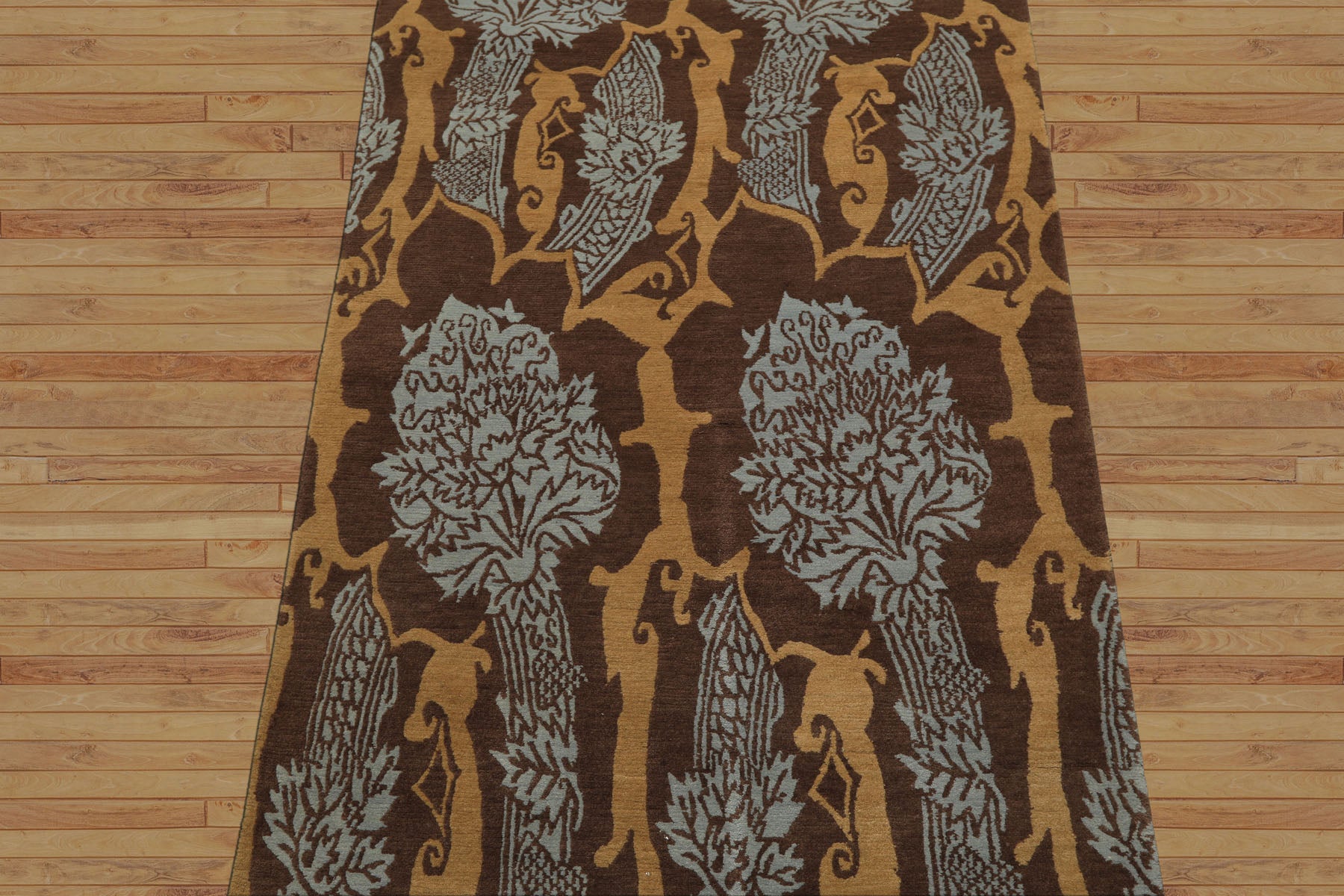 Runner Brown, Gold, Aqua Color Hand Knotted Tibetan Wool Arts & Crafts Oriental Rug
