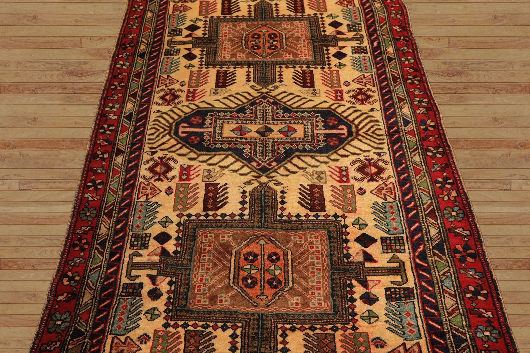 Runner Light Gold, Coral, Navy Color Hand Knotted Kurdish Hamadan Wool Traditional Oriental Rug