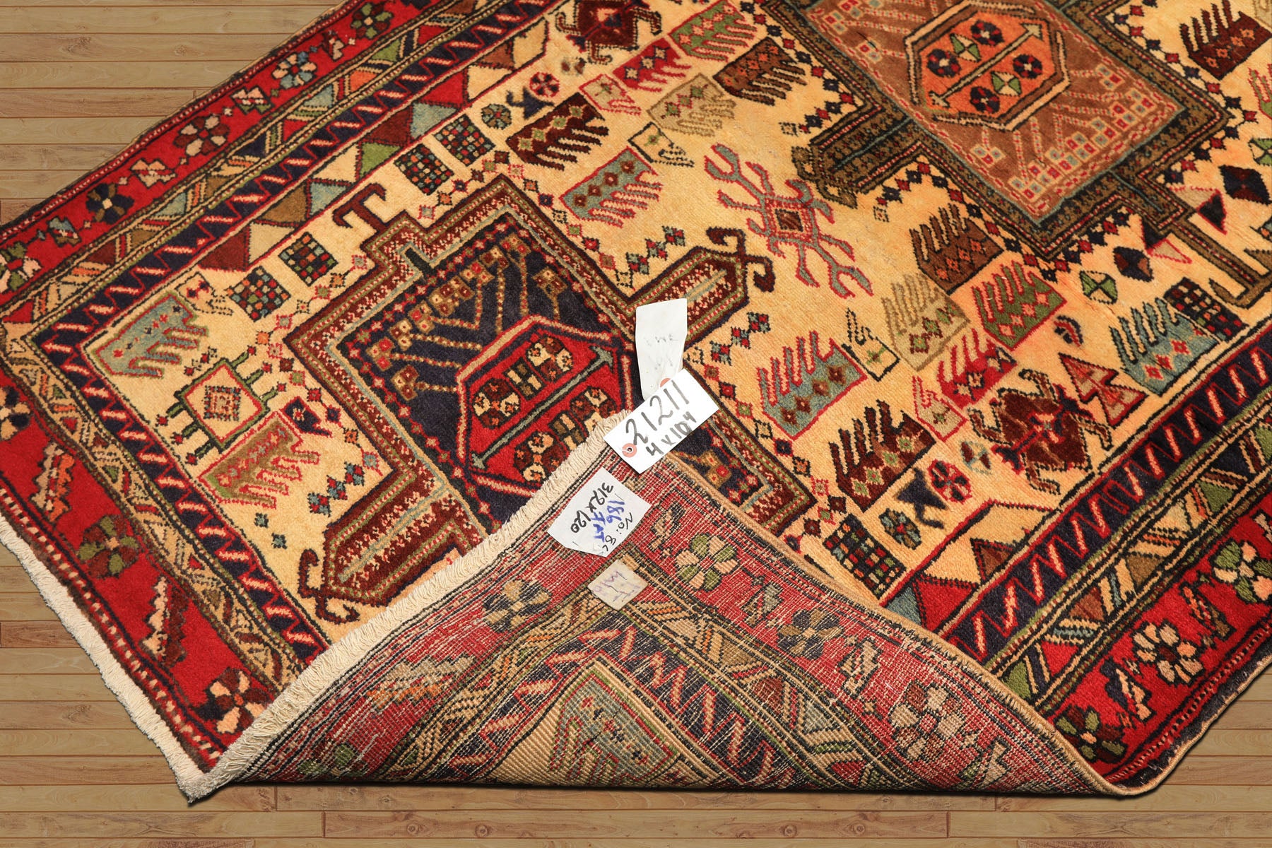 Runner Light Gold, Coral, Navy Color Hand Knotted Kurdish Hamadan Wool Traditional Oriental Rug
