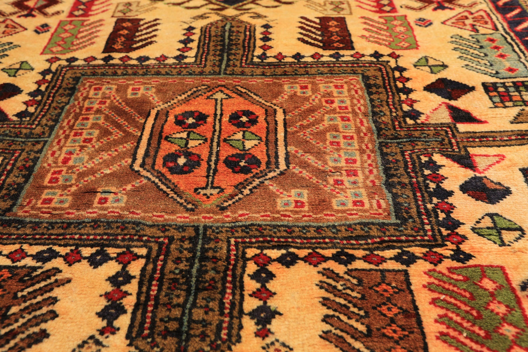 Runner Light Gold, Coral, Navy Color Hand Knotted Kurdish Hamadan Wool Traditional Oriental Rug