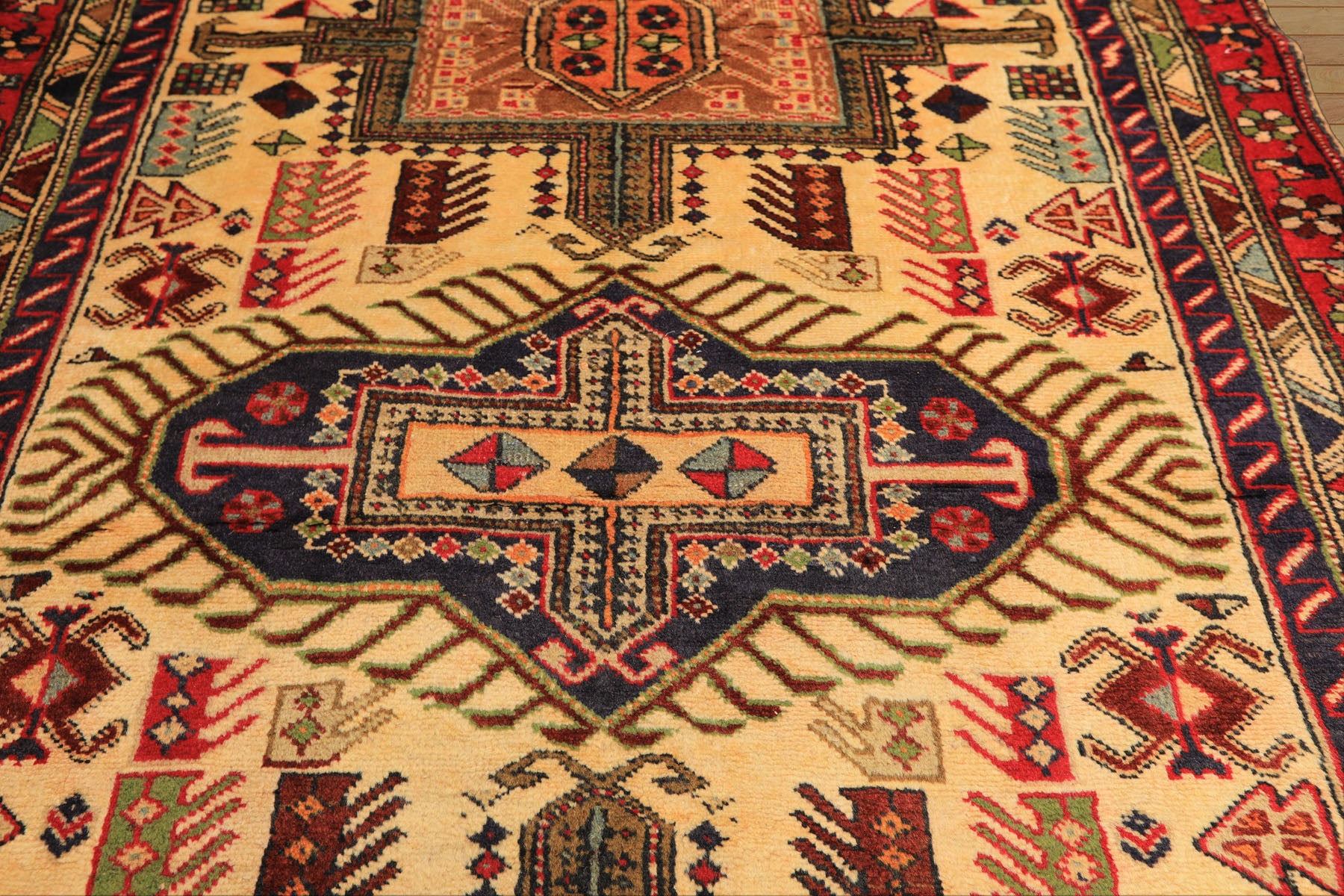 Runner Light Gold, Coral, Navy Color Hand Knotted Kurdish Hamadan Wool Traditional Oriental Rug