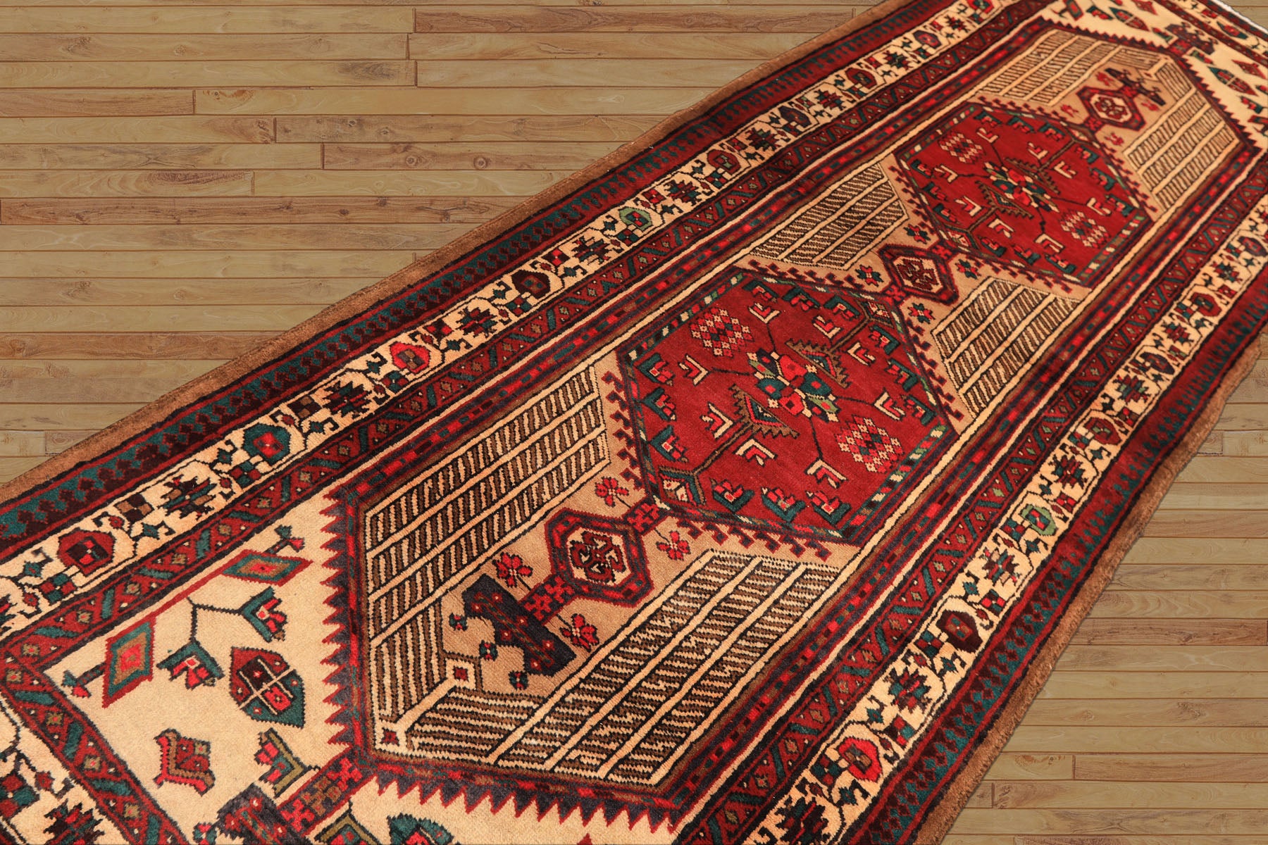 Runner Rusty Red, Tan, Ivory Color Hand Knotted Kurdish Hamadan Wool Traditional Oriental Rug