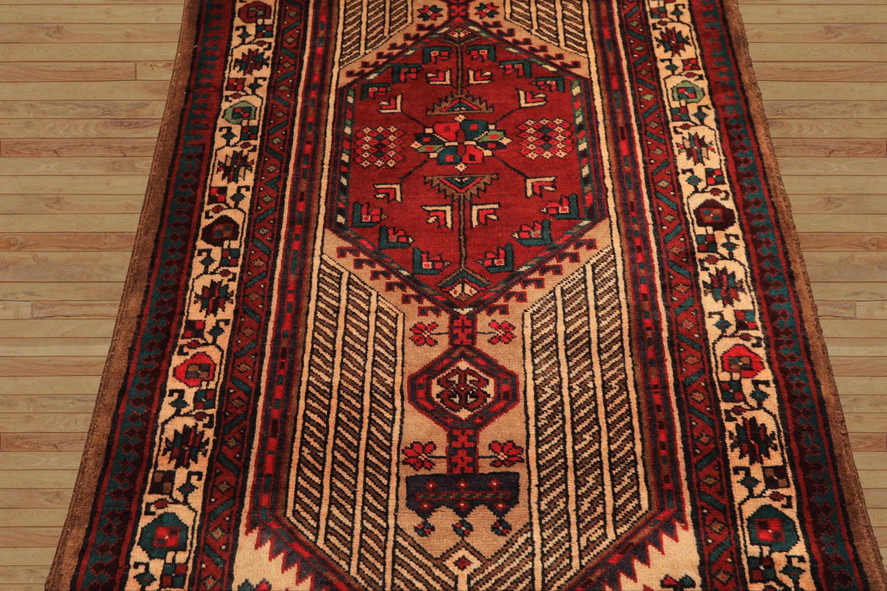 Runner Rusty Red, Tan, Ivory Color Hand Knotted Kurdish Hamadan Wool Traditional Oriental Rug