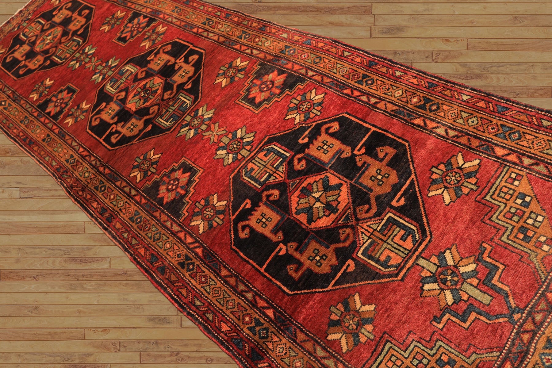 Runner Rust, Gold, Charcoal Color Hand Knotted Kurdish Hamadan Wool Traditional Oriental Rug