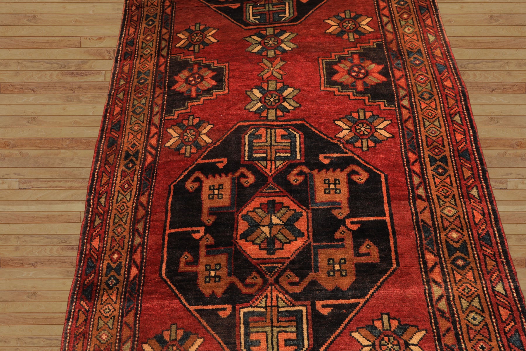 Runner Rust, Gold, Charcoal Color Hand Knotted Kurdish Hamadan Wool Traditional Oriental Rug