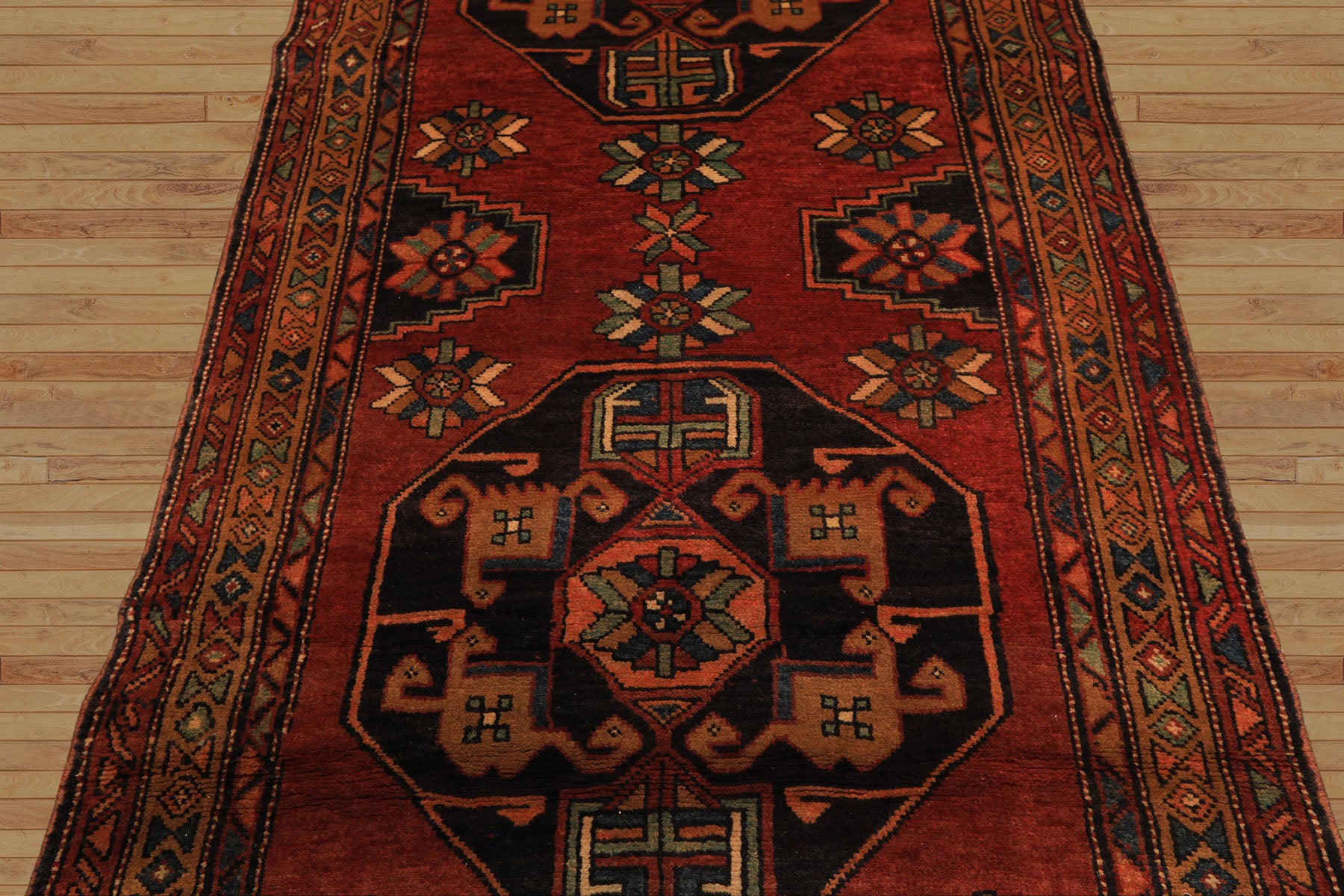 Runner Rust, Gold, Charcoal Color Hand Knotted Kurdish Hamadan Wool Traditional Oriental Rug