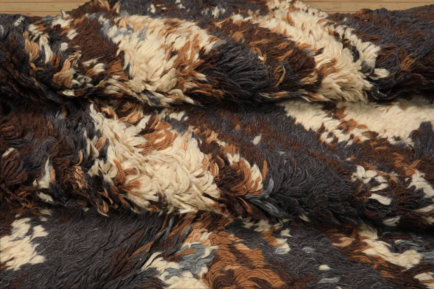 8x10 Ivory, Chocolate, Aubergine Color Hand Knotted Moroccan Shag Wool Modern & Contemporary Oriental Rug