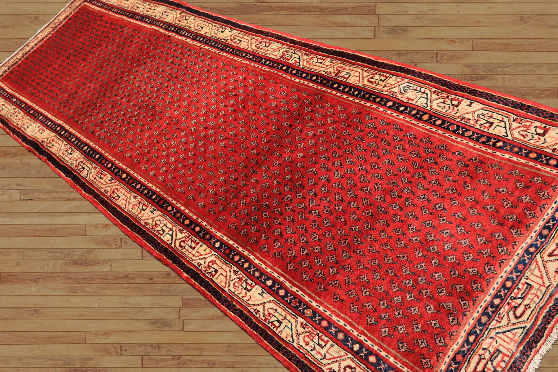 Runner Red, Ivory, Navy Color Hand Knotted Kurdish Bidjar Herati Wool Traditional Oriental Rug
