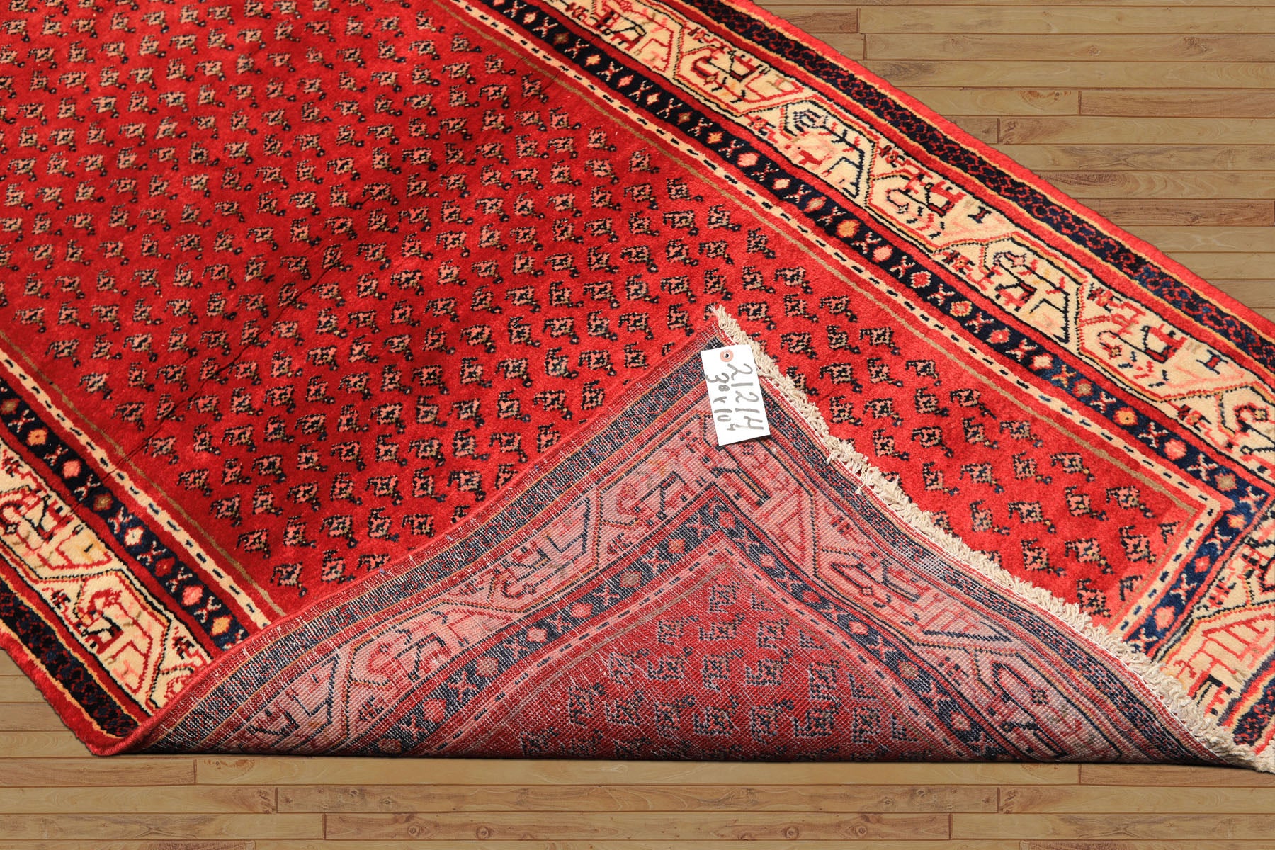 Runner Red, Ivory, Navy Color Hand Knotted Kurdish Bidjar Herati Wool Traditional Oriental Rug
