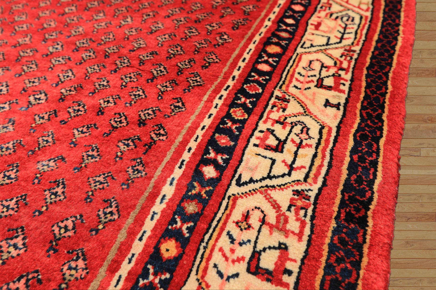 Runner Red, Ivory, Navy Color Hand Knotted Kurdish Bidjar Herati Wool Traditional Oriental Rug