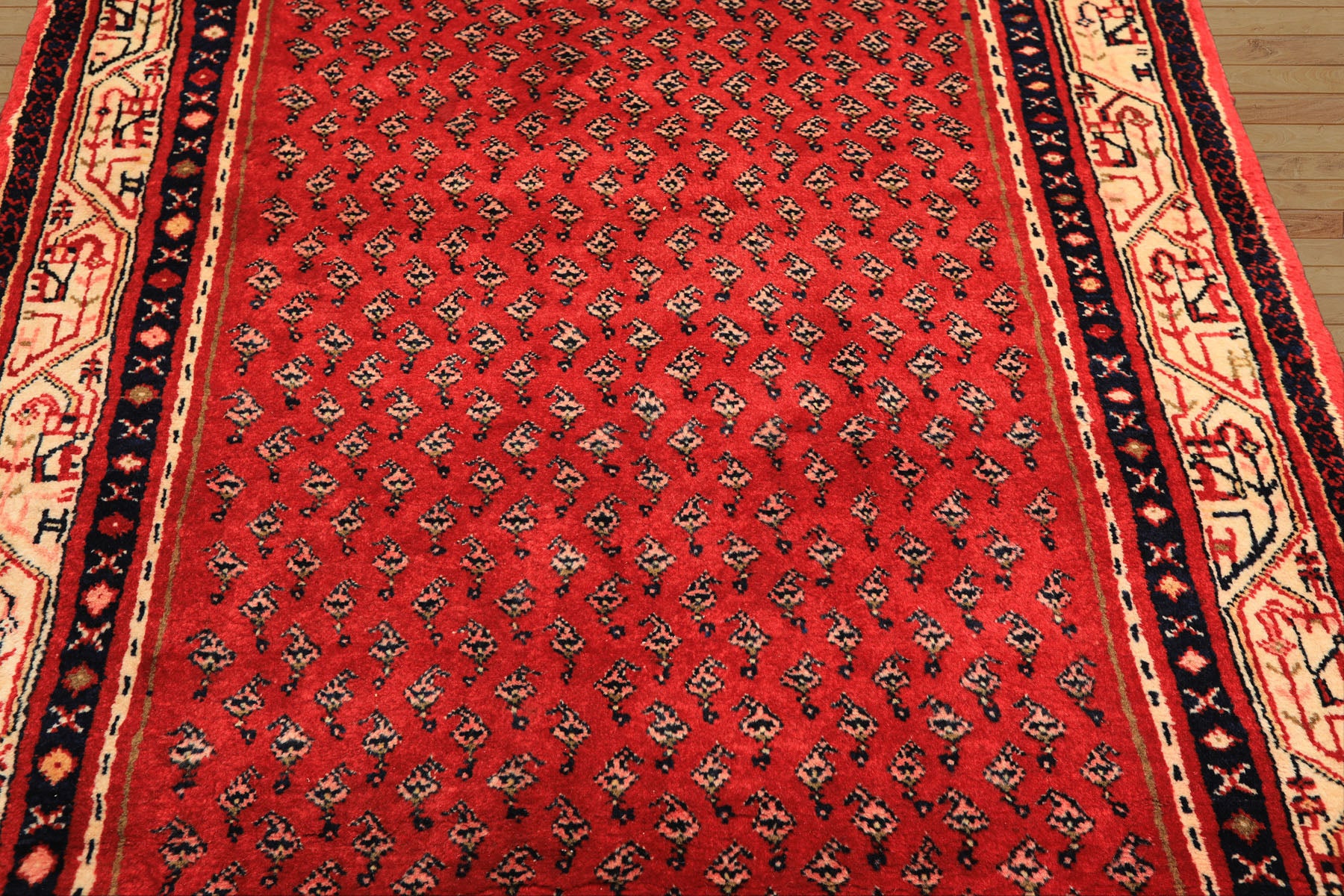 Runner Red, Ivory, Navy Color Hand Knotted Kurdish Bidjar Herati Wool Traditional Oriental Rug