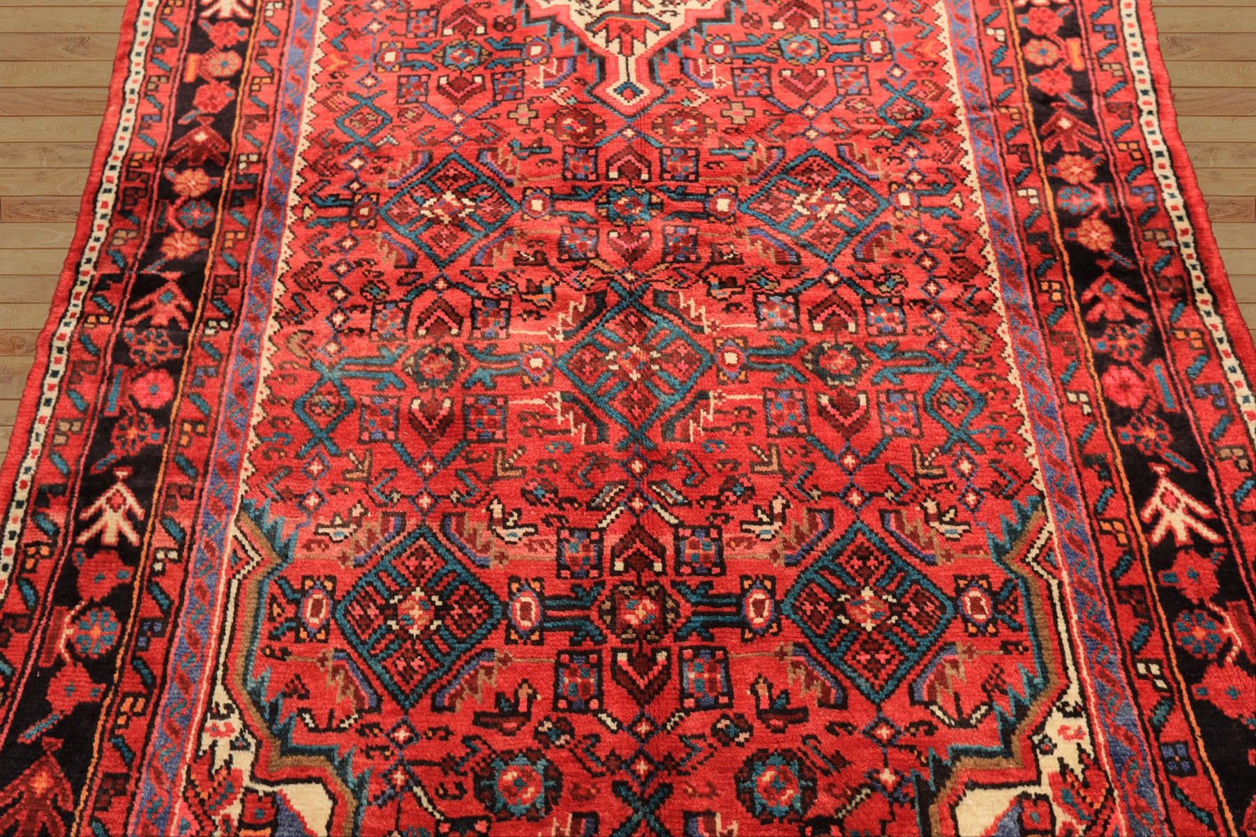 Runner Red, Rose, Charcoal Color Hand Knotted Heriz Wool Traditional Oriental Rug