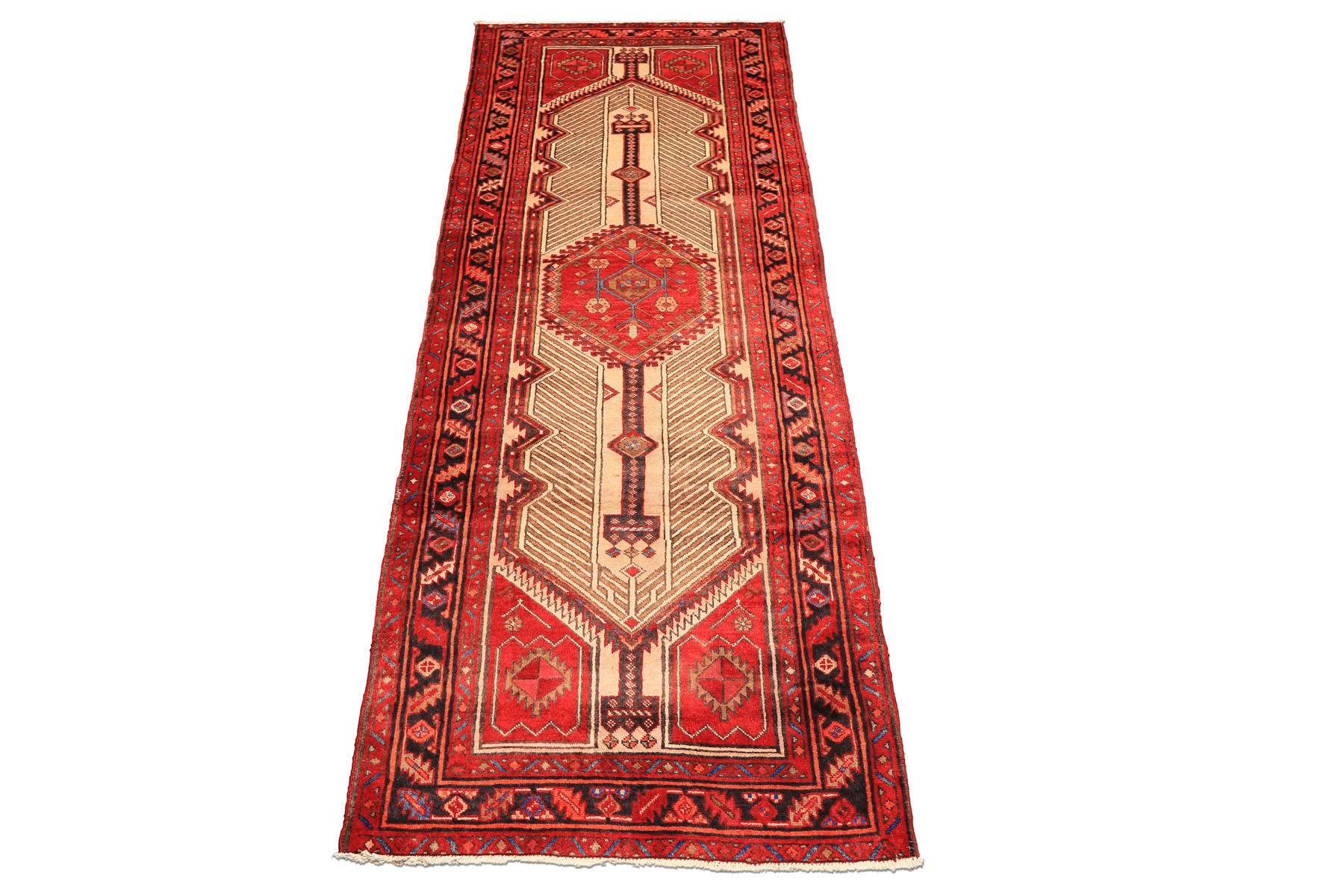 Runner Beige, Red, Rose Color Hand Knotted Heriz Wool Traditional Oriental Rug
