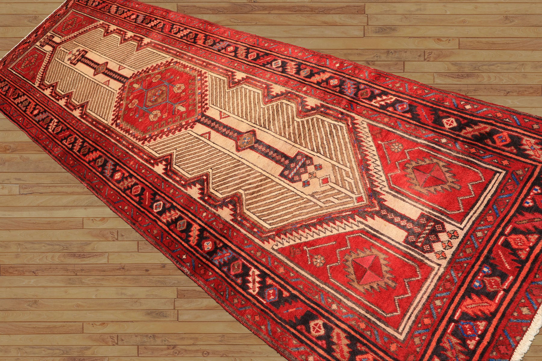 Runner Beige, Red, Rose Color Hand Knotted Heriz Wool Traditional Oriental Rug
