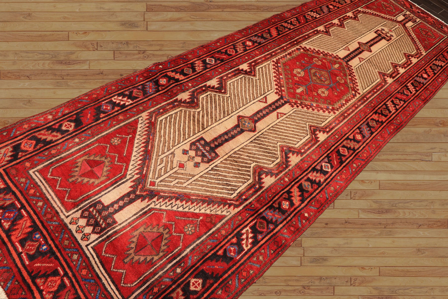 Runner Beige, Red, Rose Color Hand Knotted Heriz Wool Traditional Oriental Rug