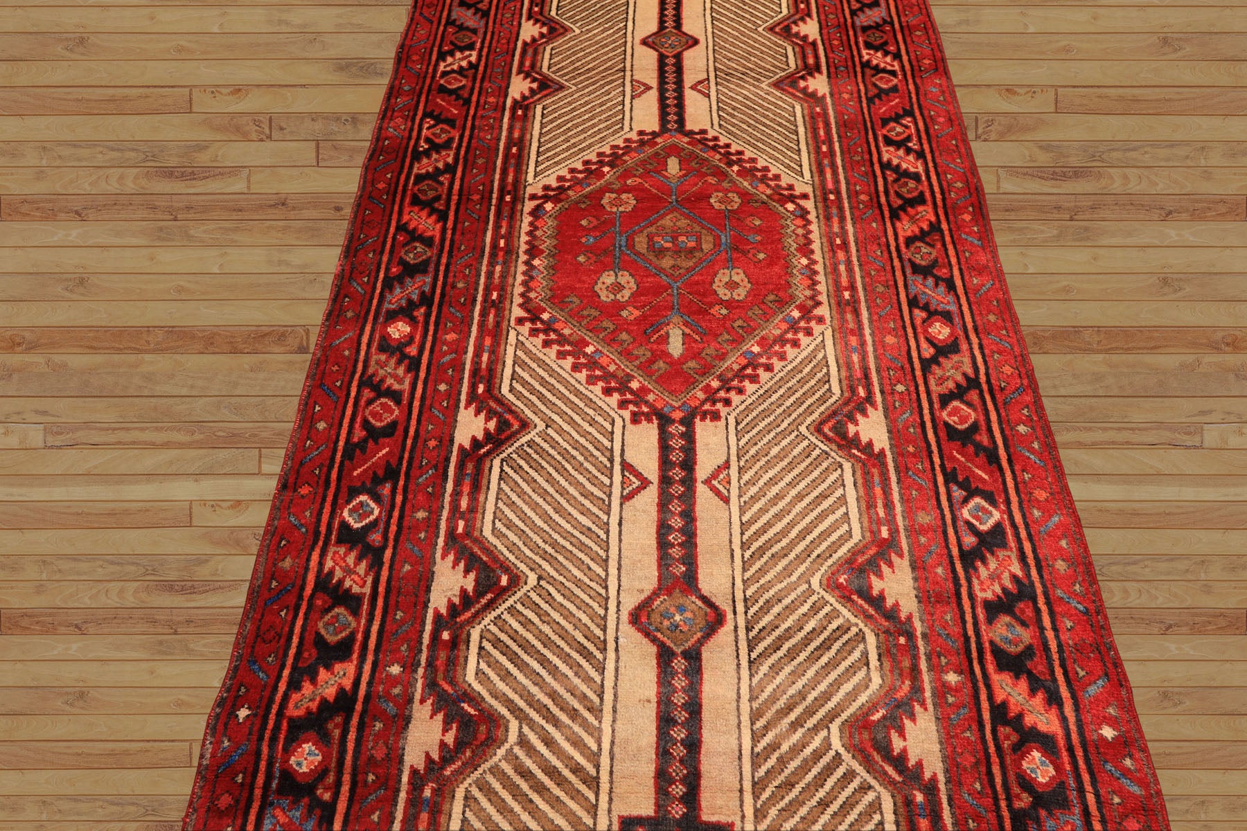 Runner Beige, Red, Rose Color Hand Knotted Heriz Wool Traditional Oriental Rug