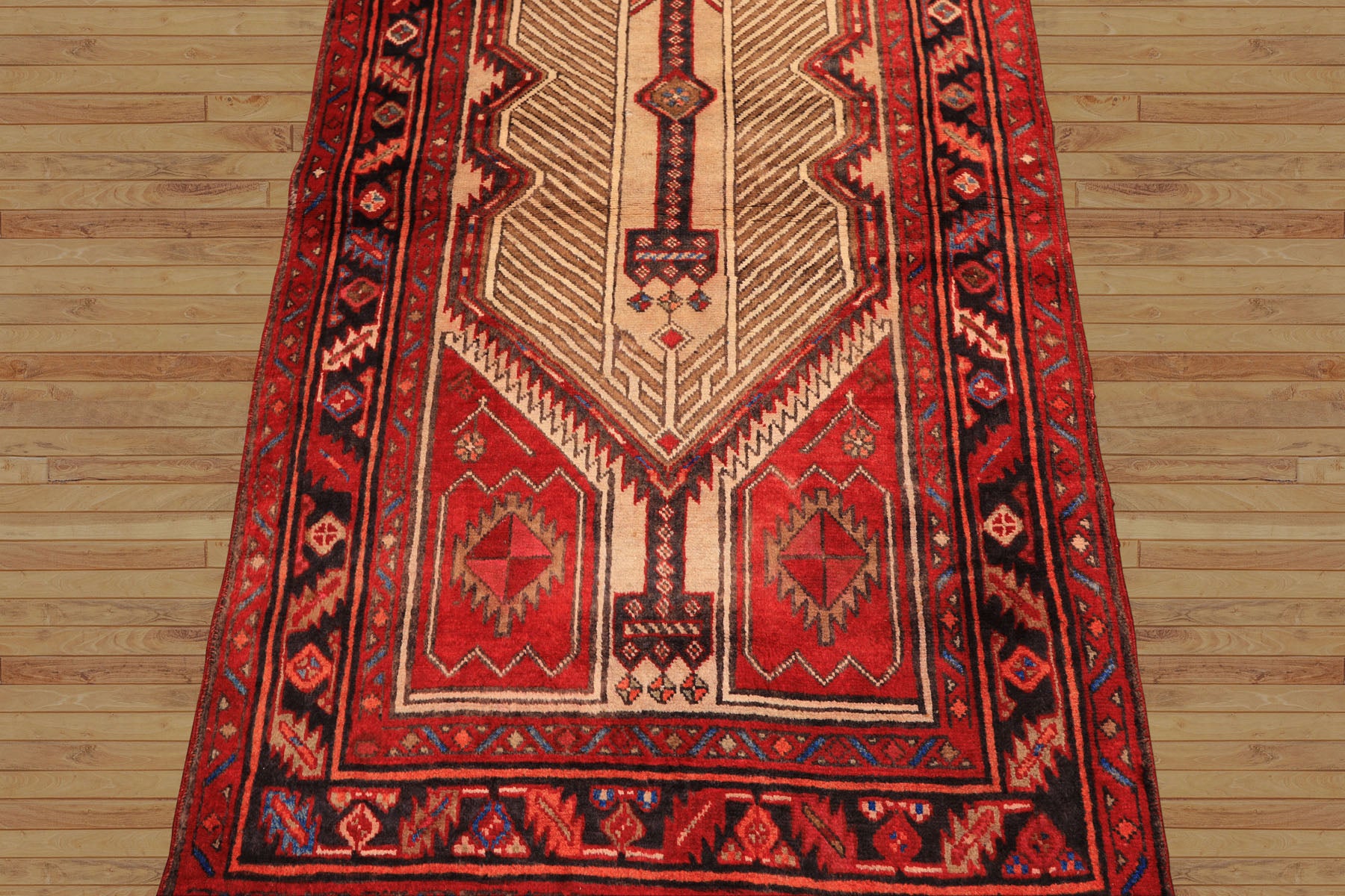 Runner Beige, Red, Rose Color Hand Knotted Heriz Wool Traditional Oriental Rug