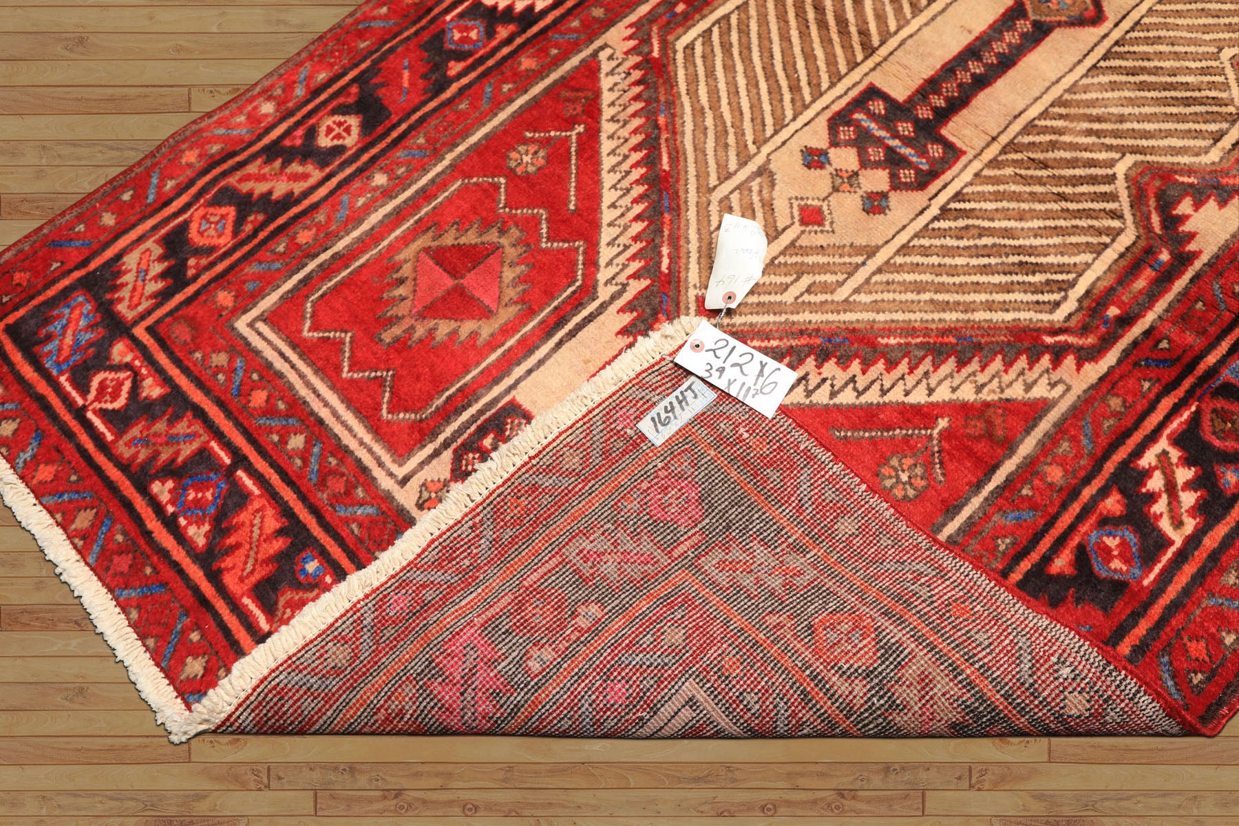Runner Beige, Red, Rose Color Hand Knotted Heriz Wool Traditional Oriental Rug