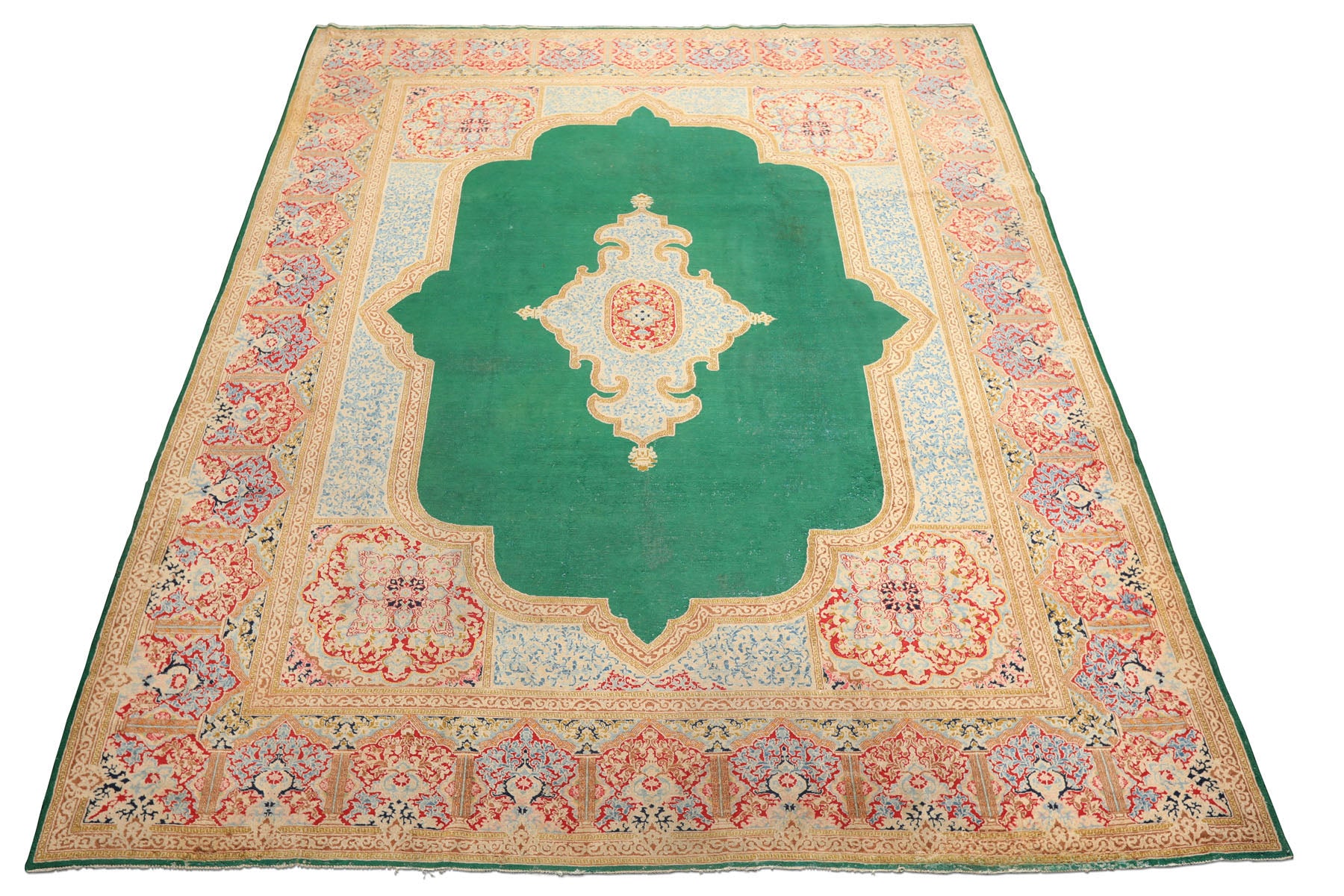 9x12 Green, Ivory, Rose Color Hand Knotted Kerman Wool Traditioal Oriental Rug
