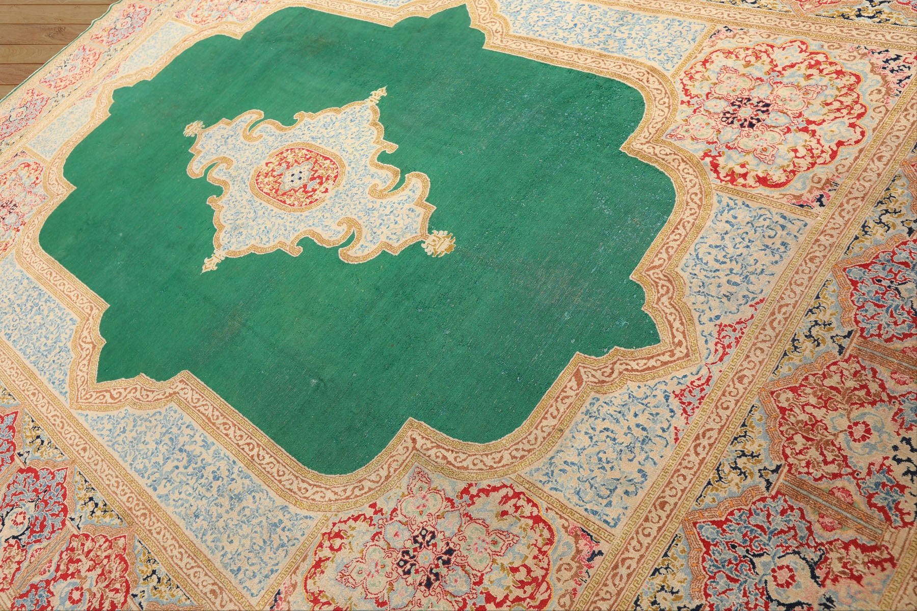 9x12 Green, Ivory, Rose Color Hand Knotted Kerman Wool Traditioal Oriental Rug